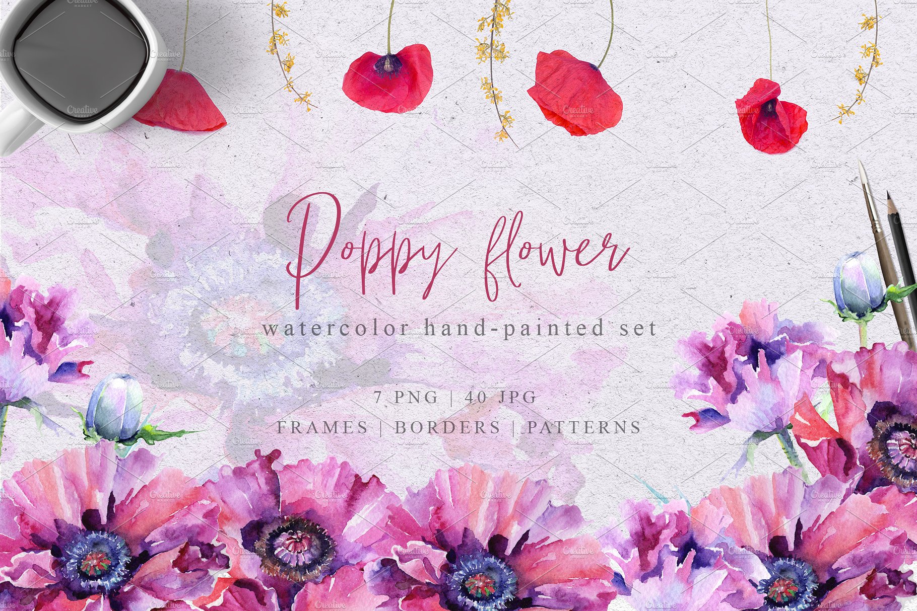 粉红色的花卉PNG水彩画集 Pink Poppy Flower PNG Watercolor Set插图