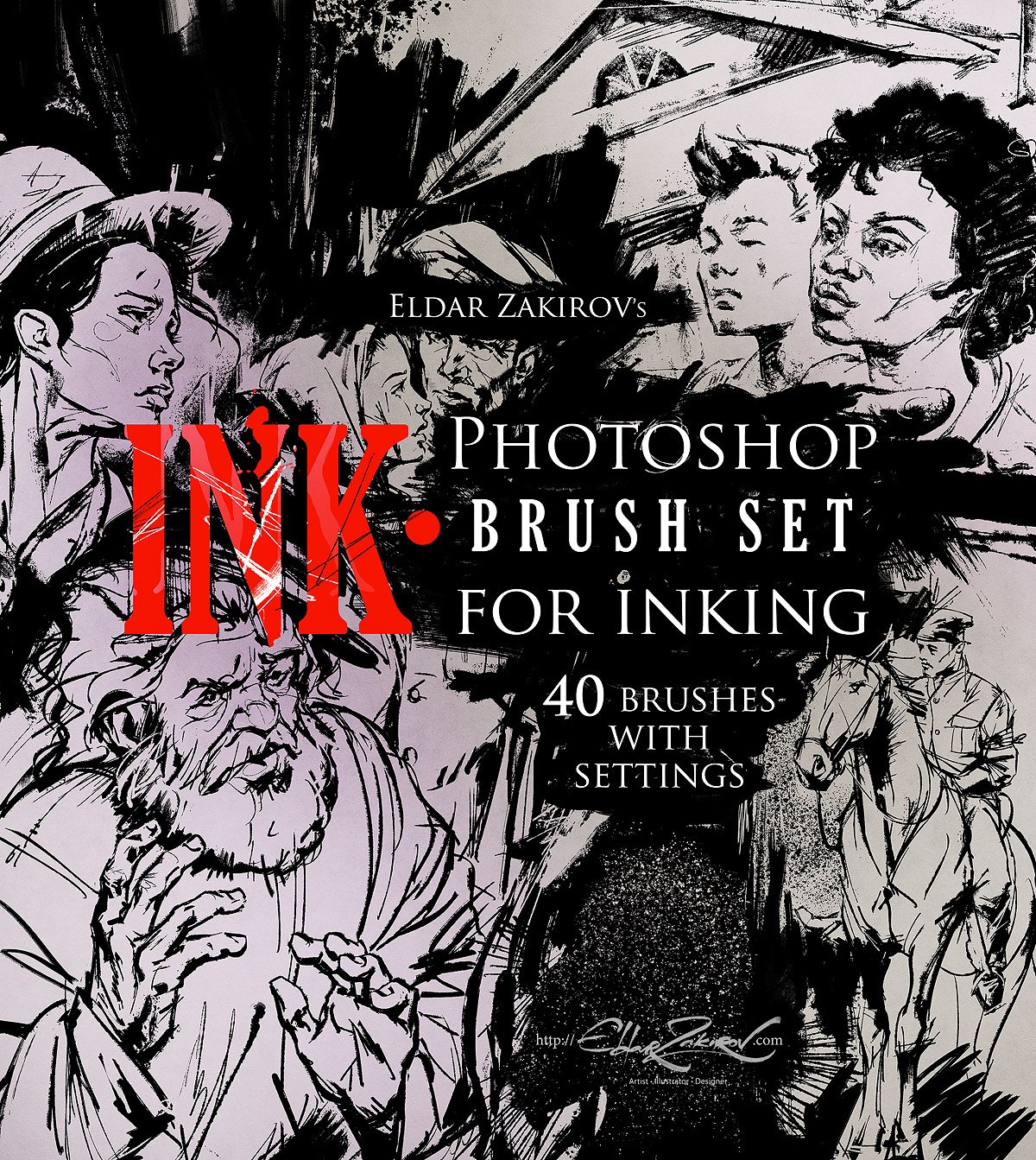 墨水喷溅效果的40种Photoshop笔刷&Photoshop动作  INK 40 Photoshop Brushes for Inking + Photoshop Action插图