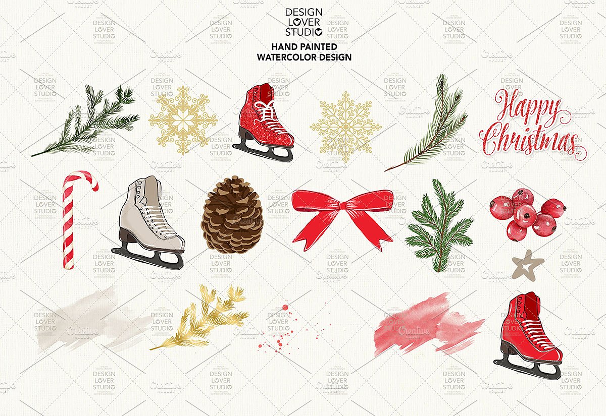 手绘水彩溜冰鞋圣诞剪贴画 Skates Christmas Design插图1