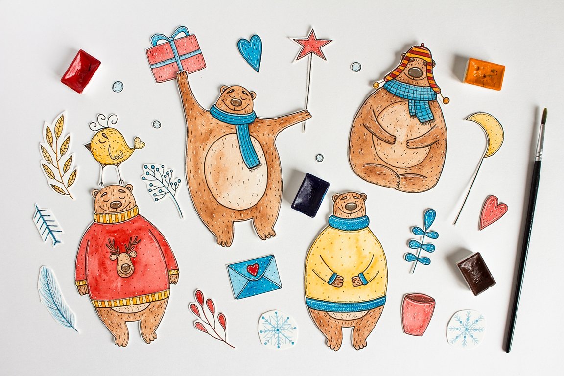 可爱的矢量手绘水彩圣诞熊 Watercolor Christmas Bear插图5