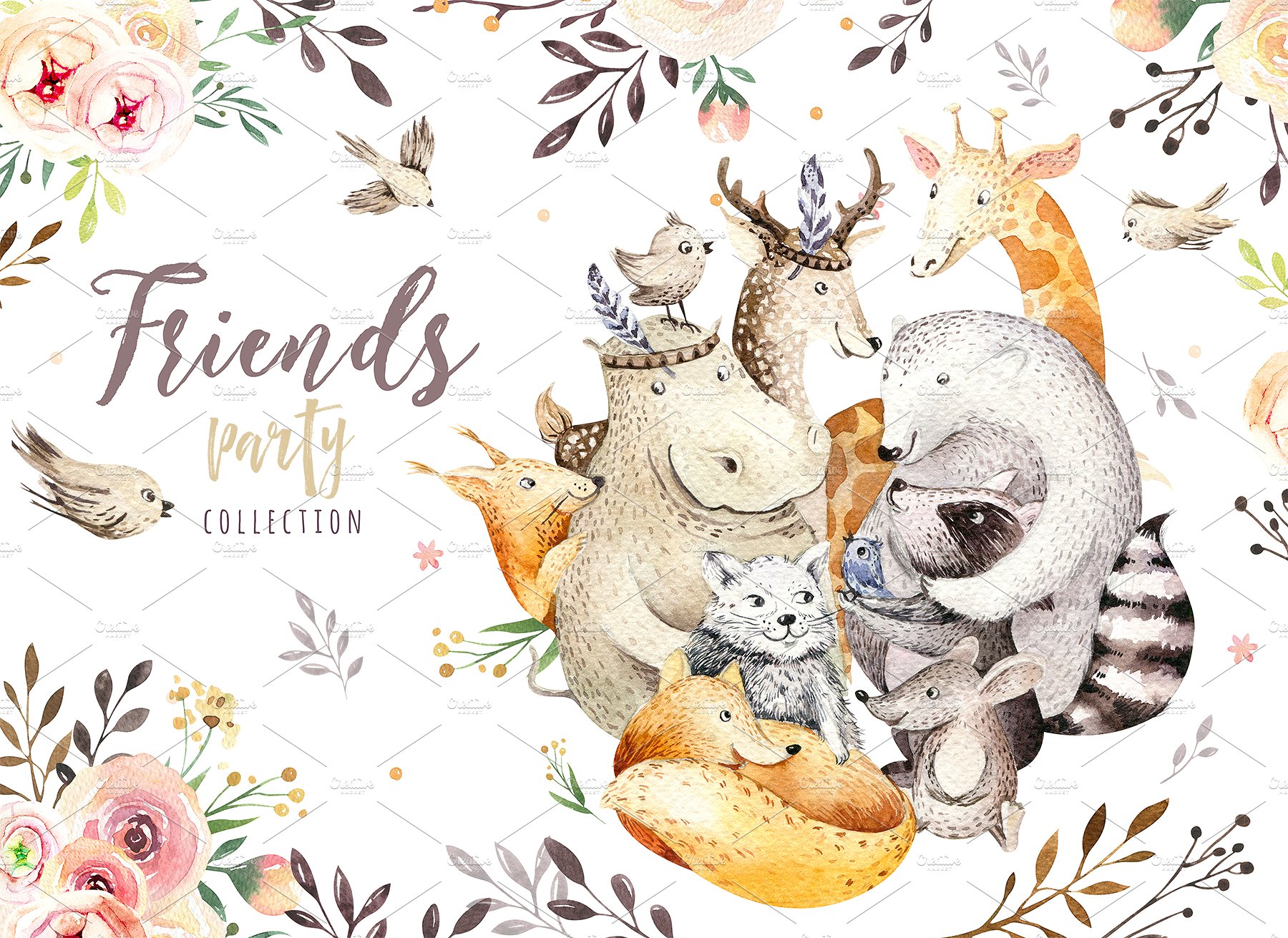 高品质的手绘波西米亚风格动物插图 Friends party.Boho collection插图1
