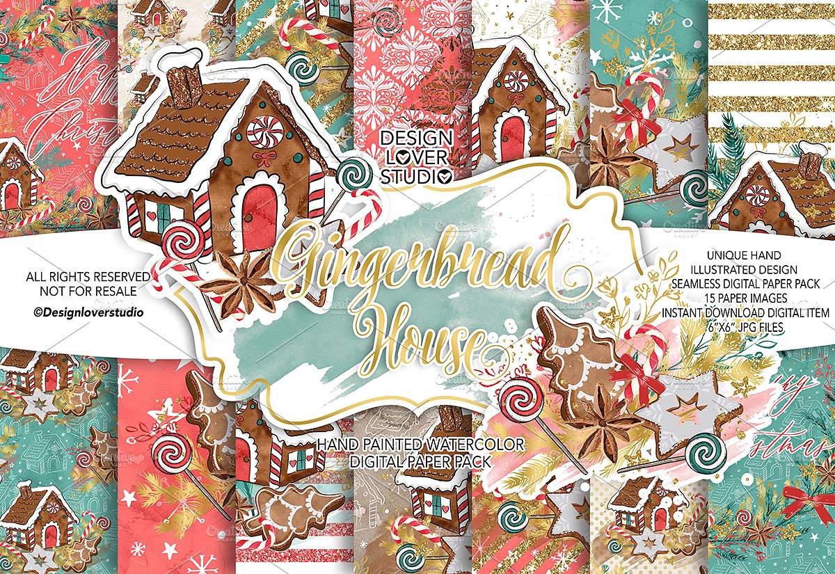 可爱的圣诞房屋数码包装纸 Gingerbread House Digital Paper Pack插图
