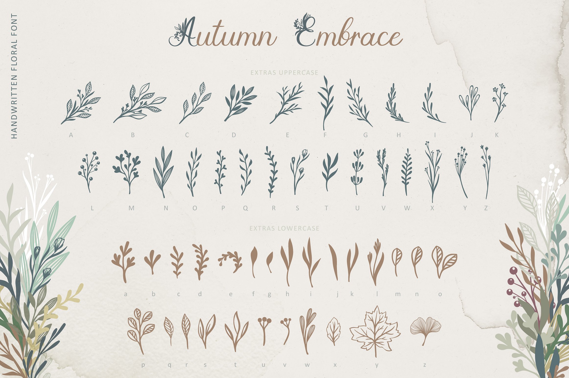 秋季优雅的花卉装饰女性字体 Autumn Elegant Floral Ornament Female Font插图1