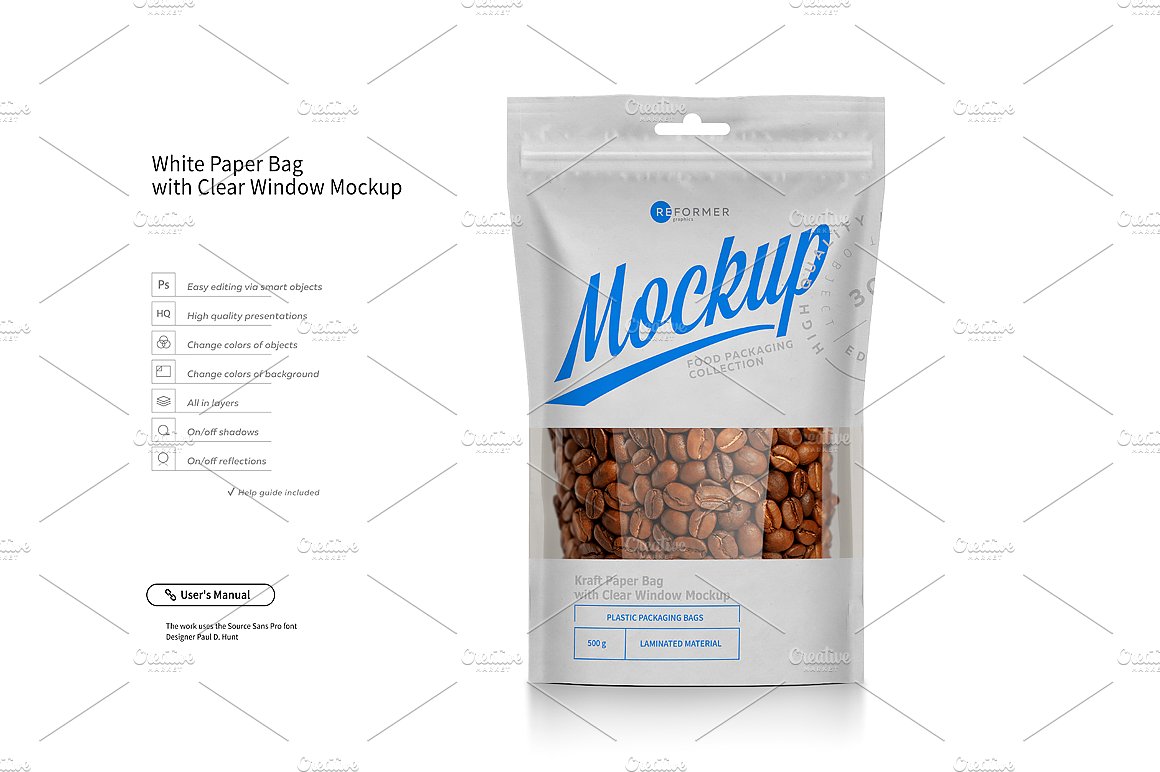 白色透明的塑料食品包装袋 White Paper Bag Doypack Mockup插图