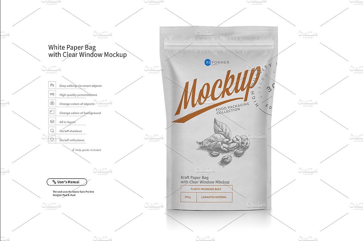 白色透明的塑料食品包装袋 White Paper Bag Doypack Mockup插图1
