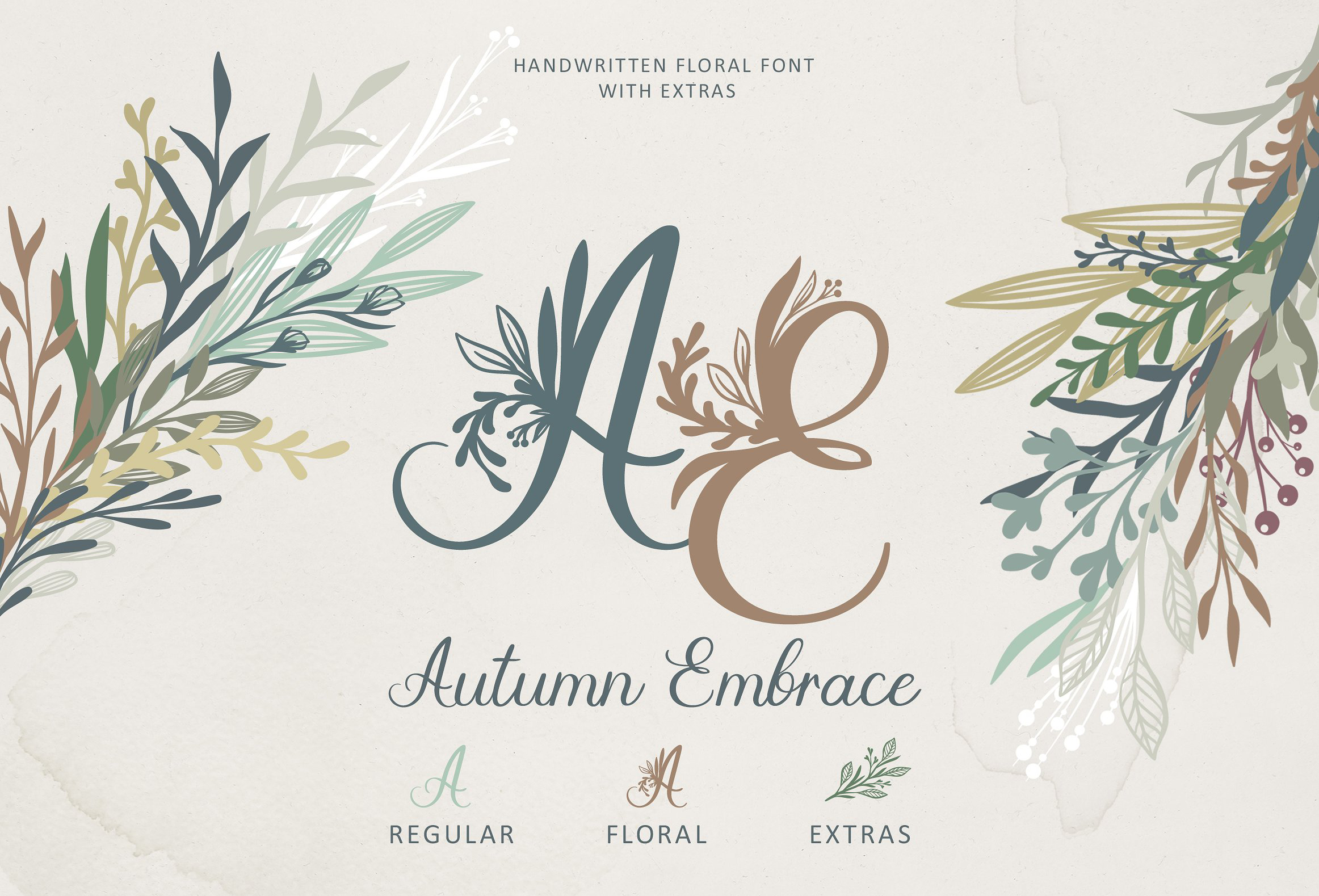 秋季优雅的花卉装饰女性字体 Autumn Elegant Floral Ornament Female Font插图