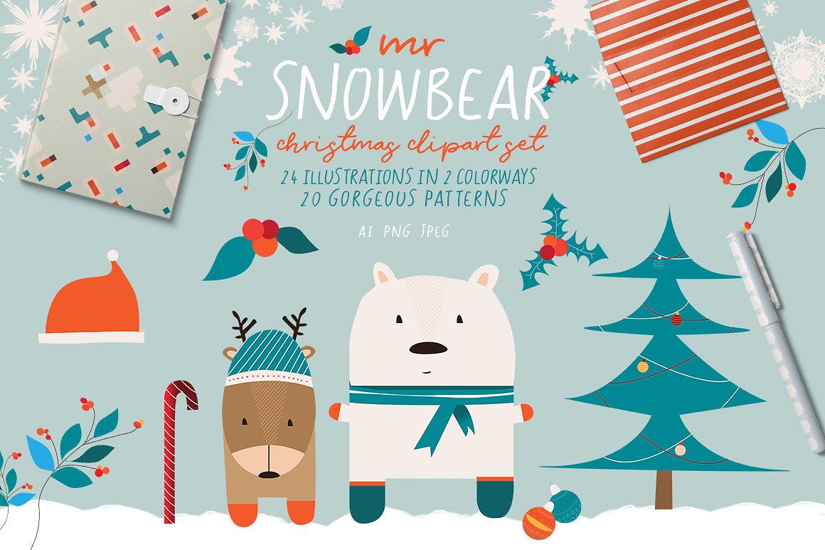 可爱的新的圣诞小熊剪贴画 Mr Snowbear Clipart Set插图