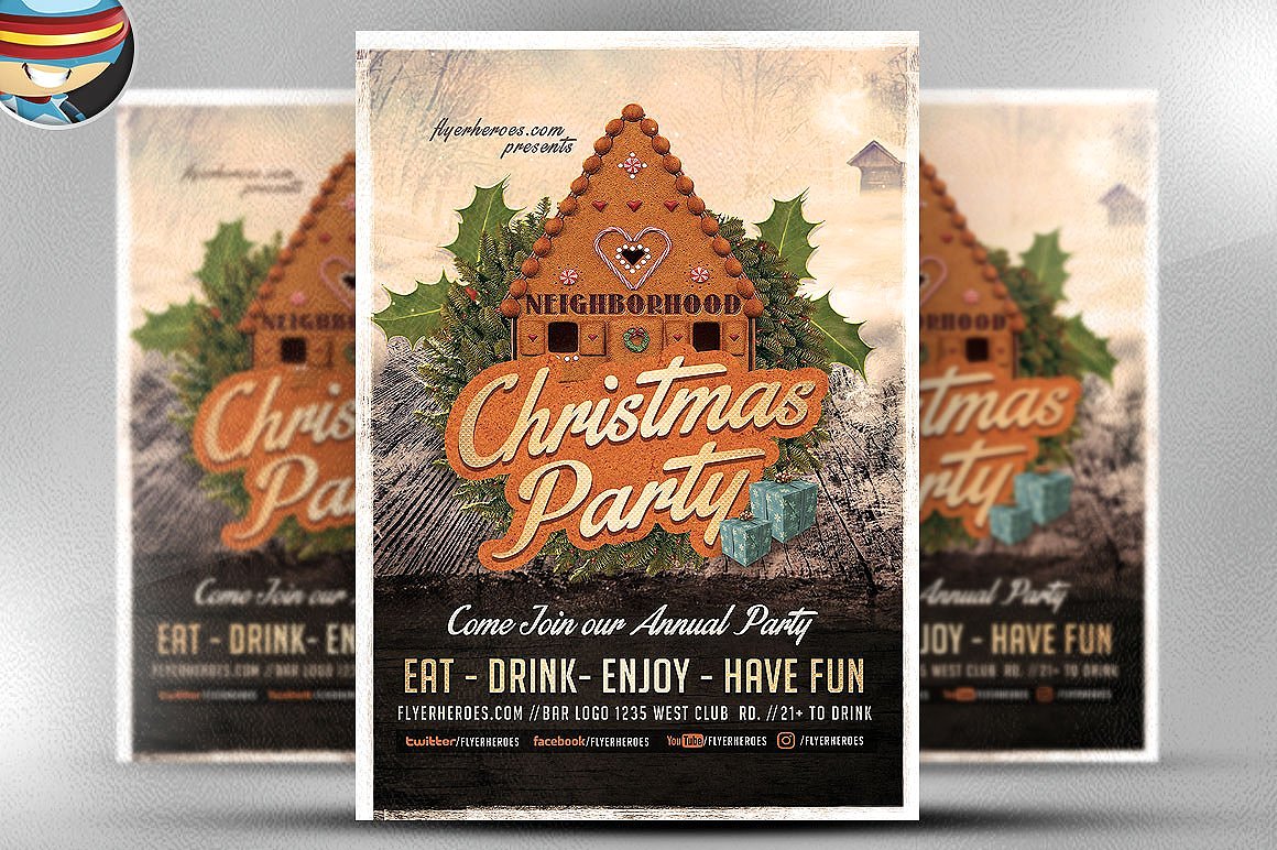 高级邻居圣诞晚会Photoshop海报模板 Neighborhood Christmas Party Flyer Template插图