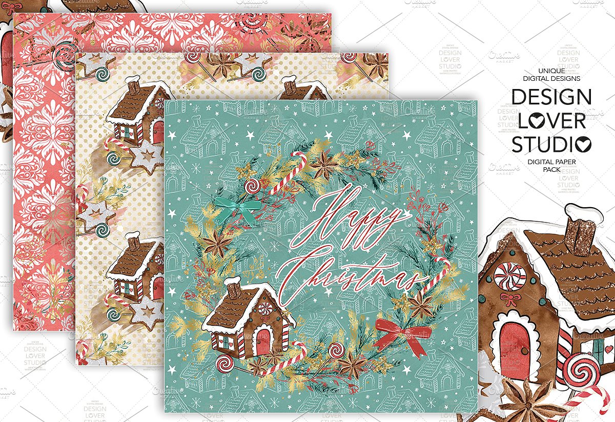 可爱的圣诞房屋数码包装纸 Gingerbread House Digital Paper Pack插图1