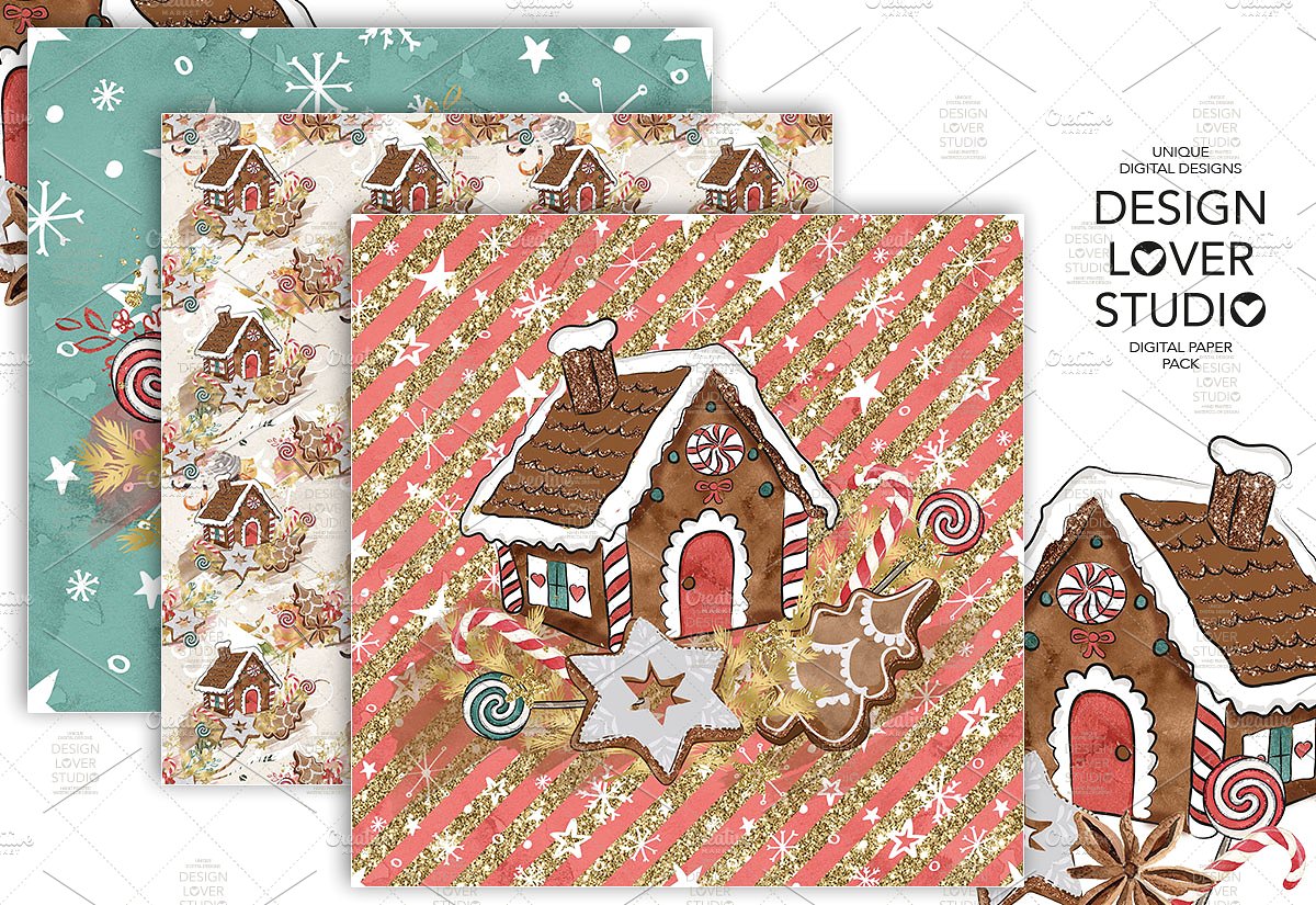可爱的圣诞房屋数码包装纸 Gingerbread House Digital Paper Pack插图2