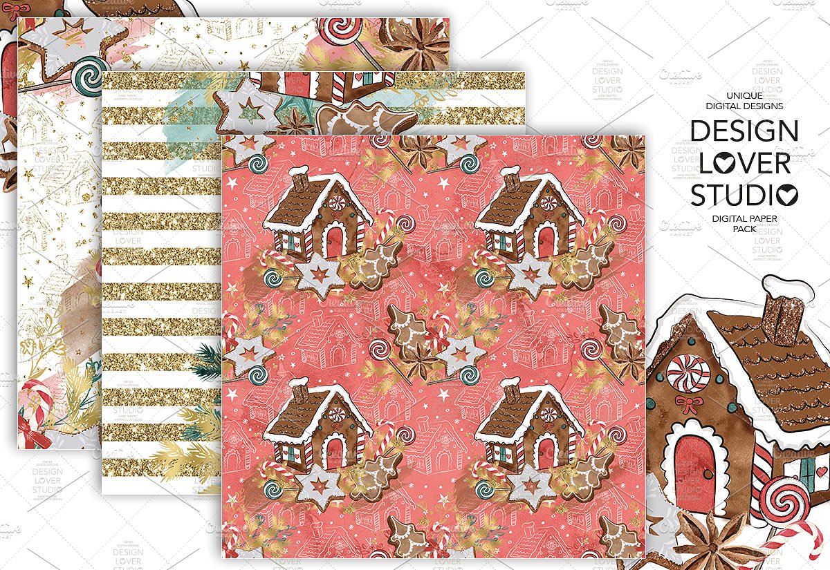 可爱的圣诞房屋数码包装纸 Gingerbread House Digital Paper Pack插图3