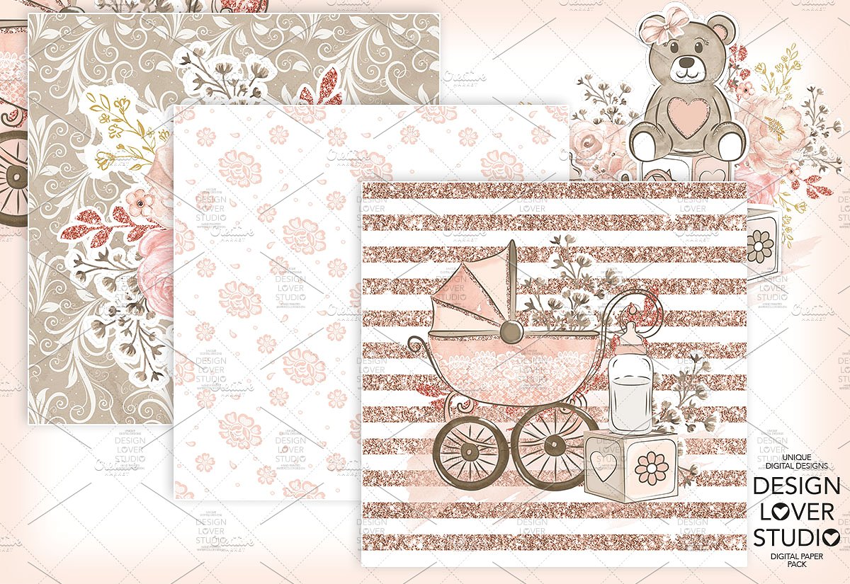 可爱的熊宝宝元素女婴数码包装纸纹理 Baby Girl Digital Paper插图3