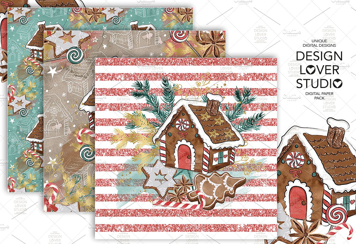 可爱的圣诞房屋数码包装纸 Gingerbread House Digital Paper Pack插图5