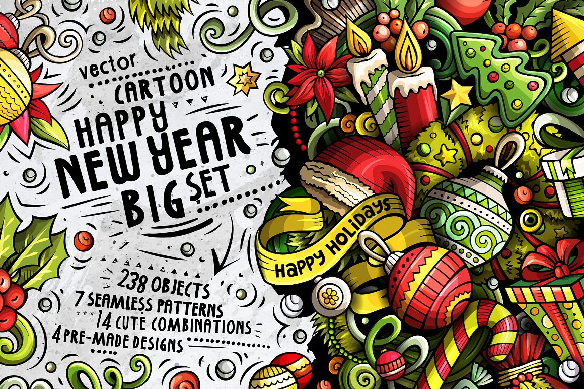 新年快乐和圣诞快乐元素涂鸦图案集 Happy New Year Doodle Big Pack插图1