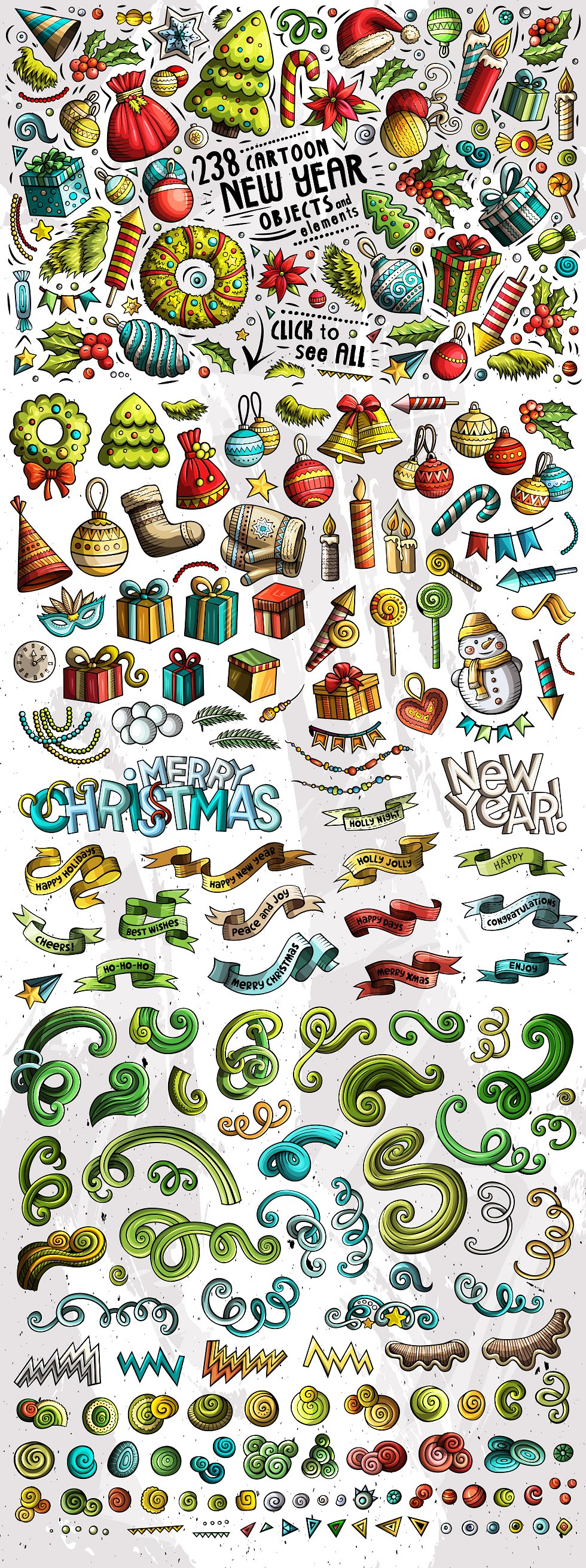 新年快乐和圣诞快乐元素涂鸦图案集 Happy New Year Doodle Big Pack插图2