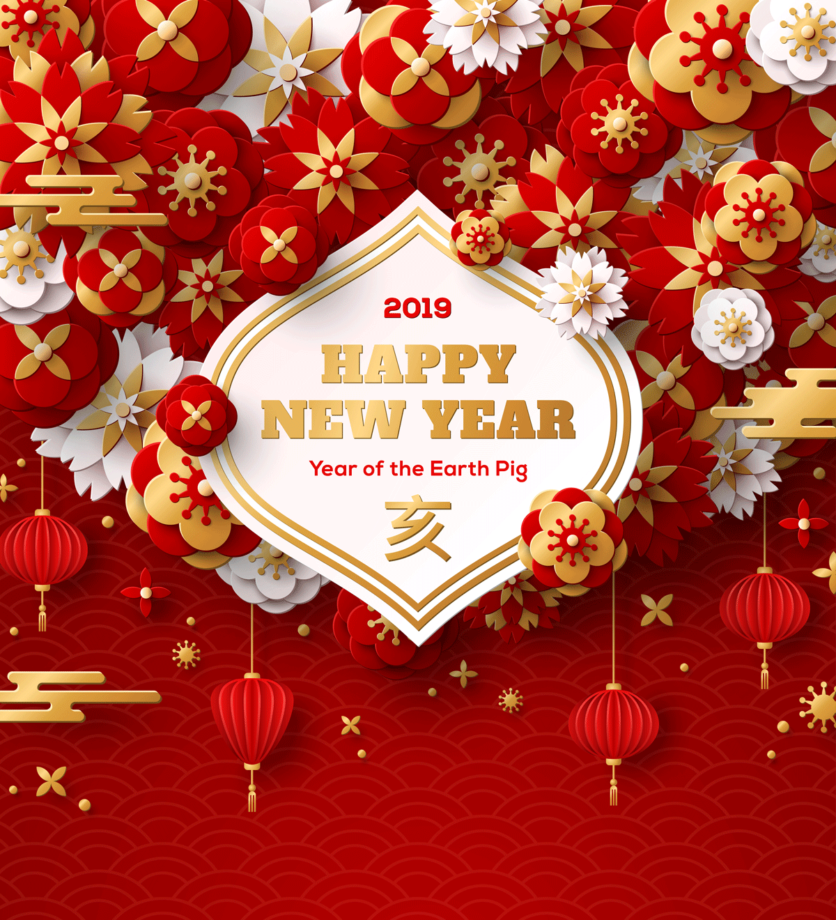 中国2019新年猪年矢量贺卡 Chinese vector greeting card for 2019 New Year, sign pig插图