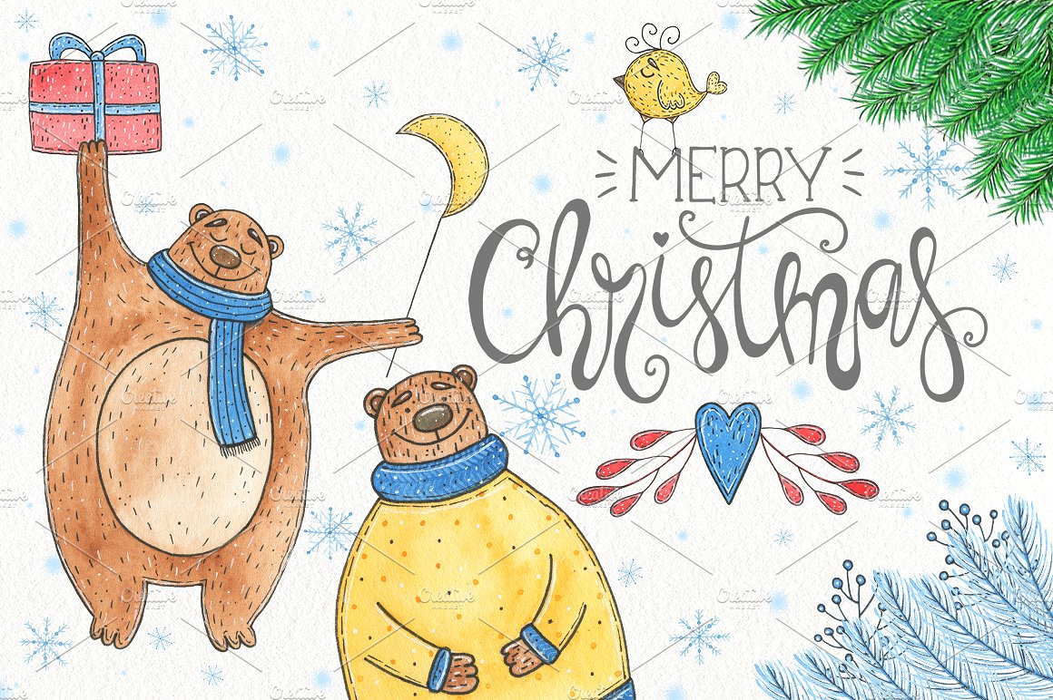 可爱的矢量手绘水彩圣诞熊 Watercolor Christmas Bear插图