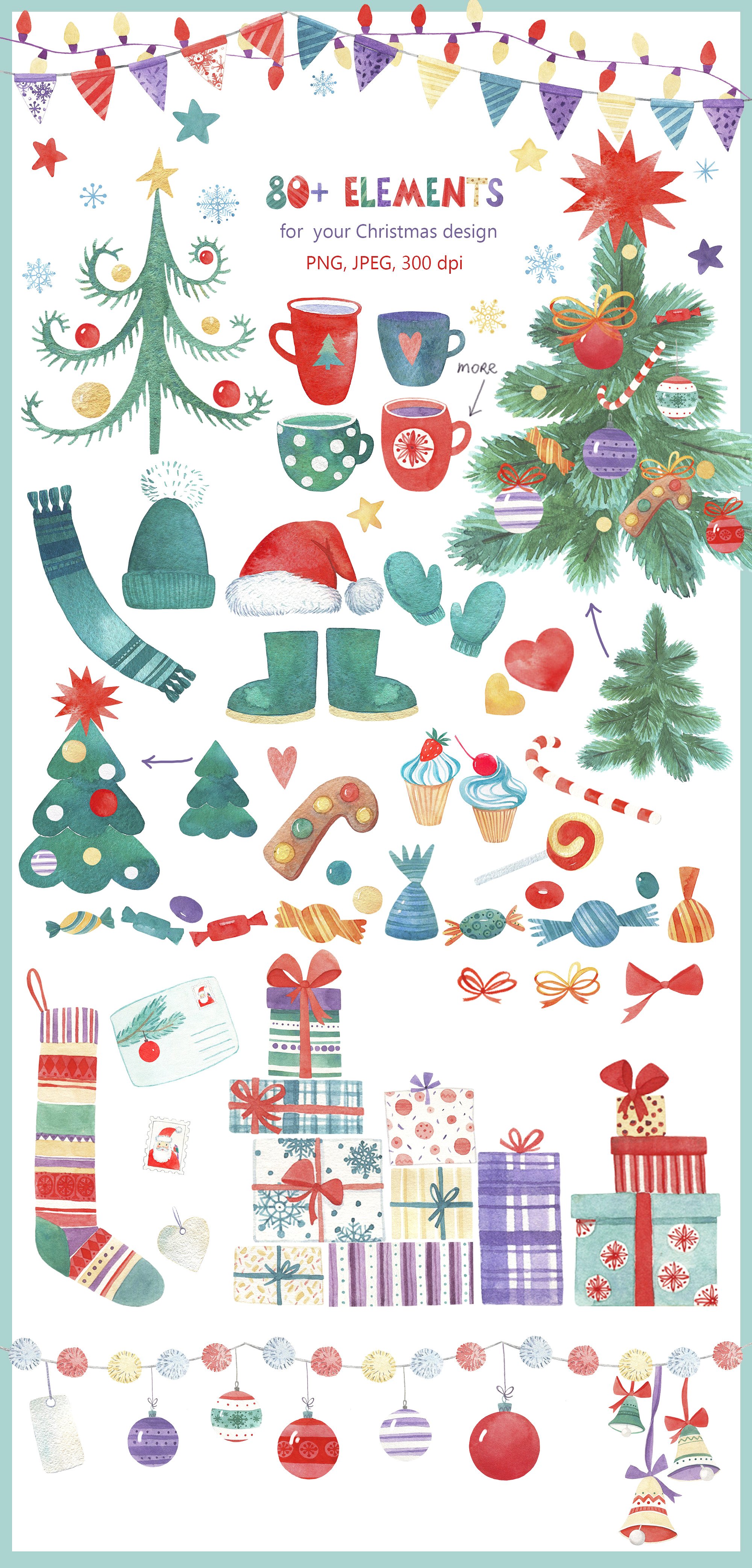 超级幸福的手绘水彩圣诞节快乐图案集 Watercolor Christmas Fun Bundle插图9 超级幸福的手绘水彩圣诞节快乐图案集 Watercolor Christmas Fun Bundle插图9