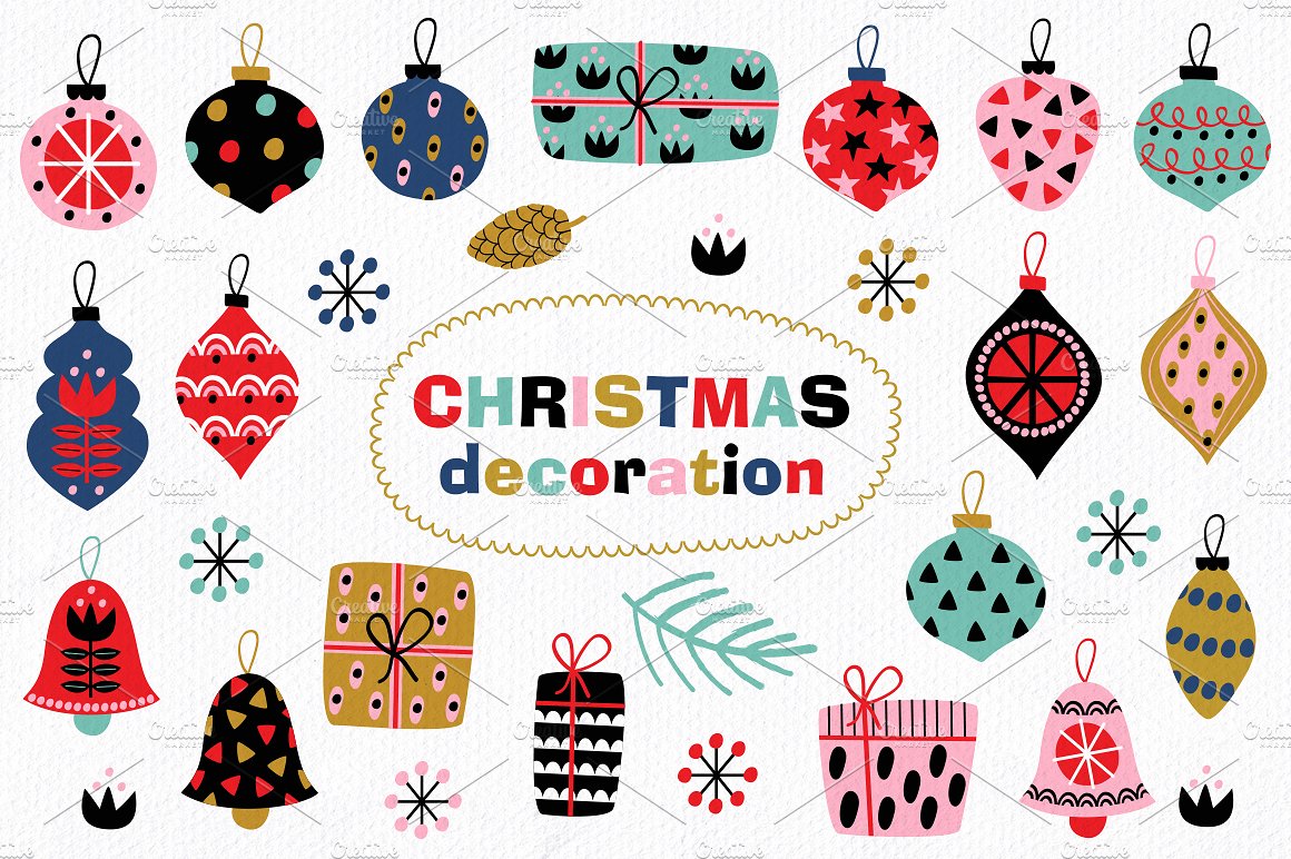 五彩斑斓的圣诞节装饰矢量图案 Colorful Christmas Decoration Vector Pattern插图1