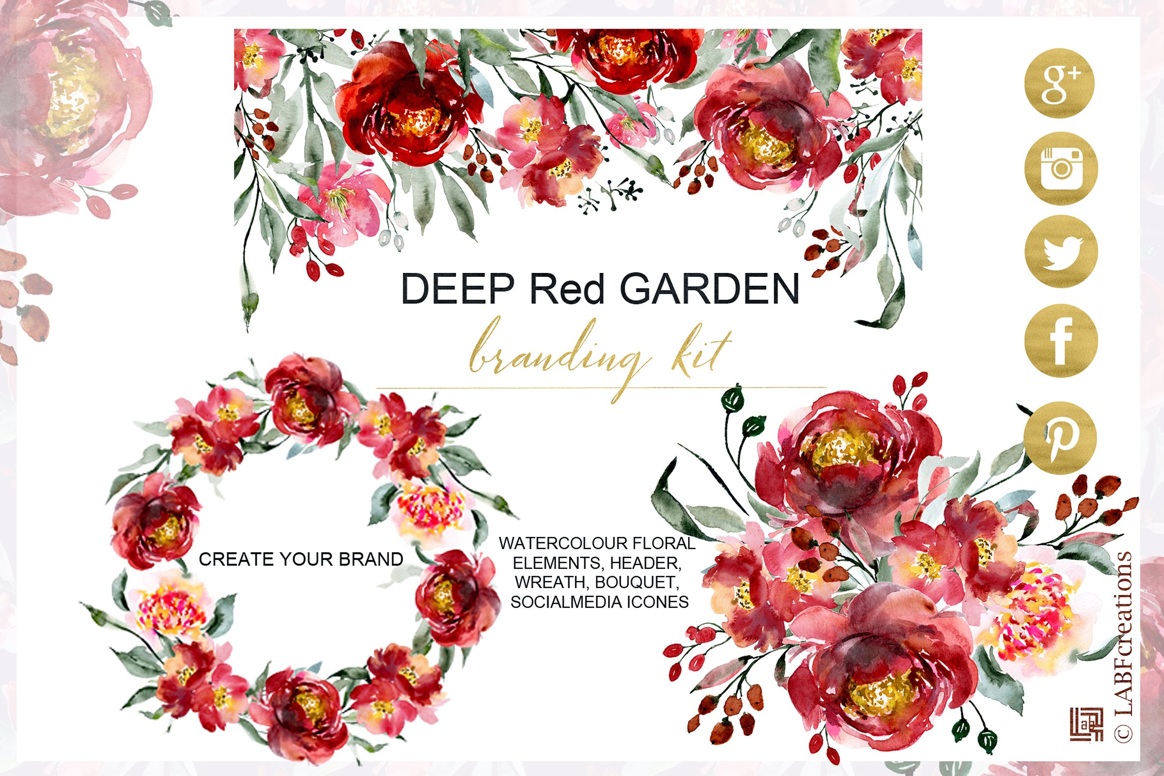 深红色的玫瑰牡丹花圈品牌图案合集 Crimson Rose Peony Wreath Brand Pattern Collection插图1
