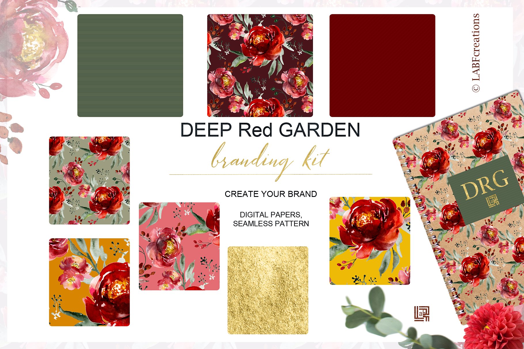 深红色的玫瑰牡丹花圈品牌图案合集 Crimson Rose Peony Wreath Brand Pattern Collection插图2