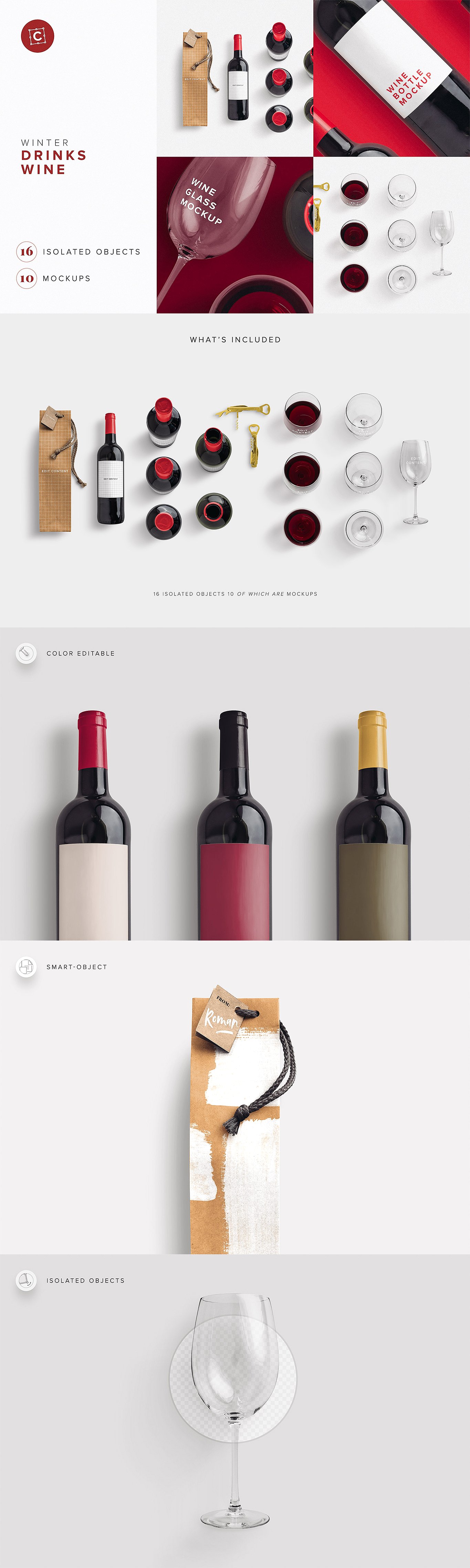 高端葡萄酒瓶酒杯和礼品袋PSD样机 Wine Bottle Glass Bag PSD Mockup插图6