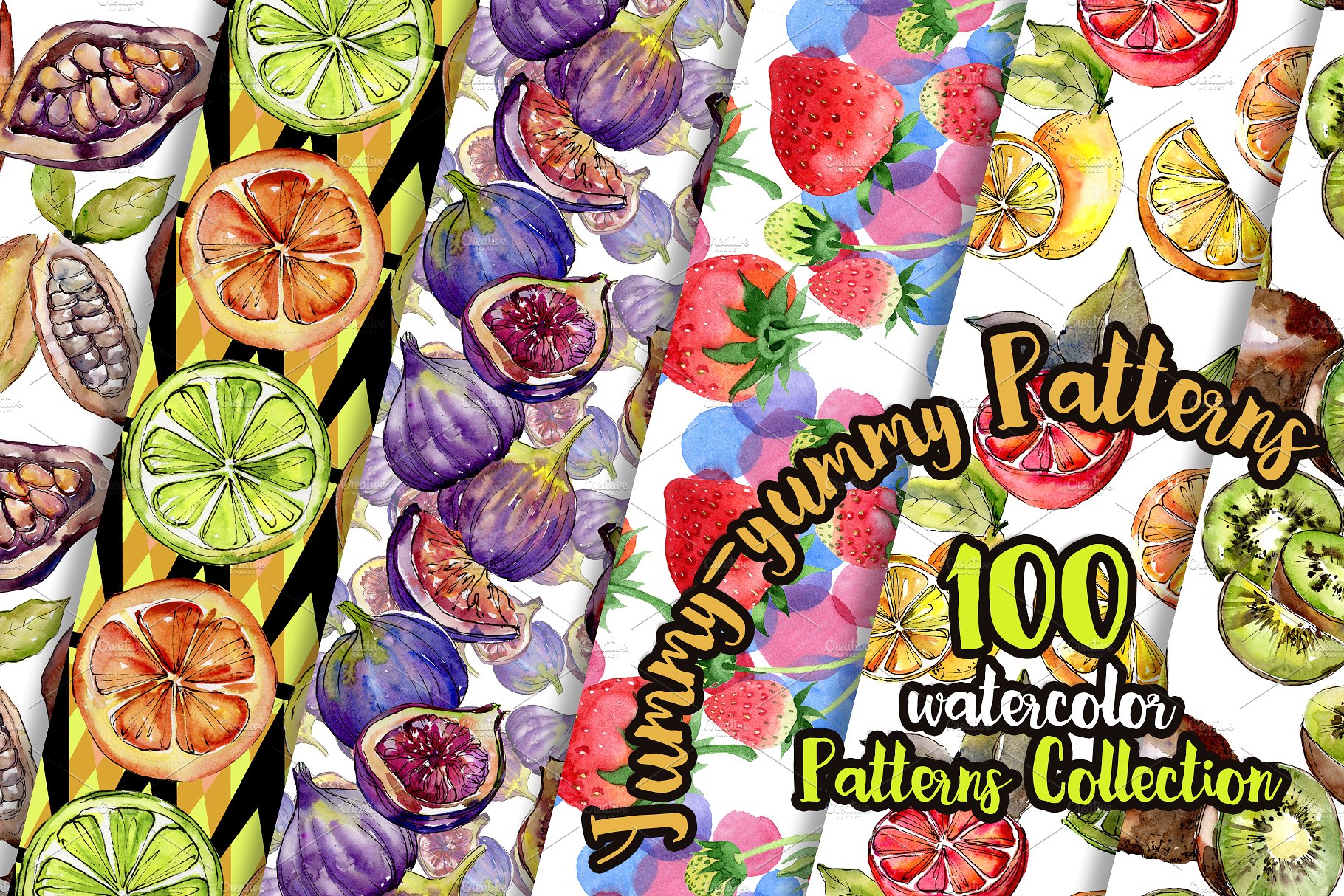 100美味的手绘水果水彩画集 100 Yummy Patterns Of Fruits JPG Watercolor Set插图