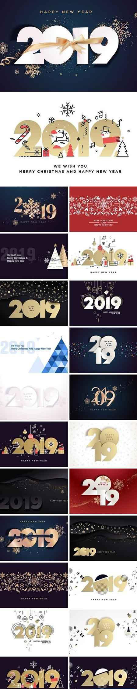 圣诞快乐和新年快乐矢量2019贺卡封面 Happy New Year 2019 Vector Card Bundle插图