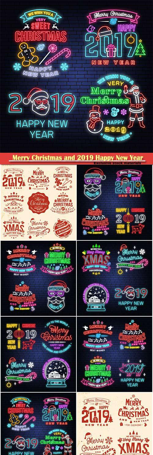 圣诞快乐和2019年新年快乐霓虹灯广告贴纸 Merry Christmas And 2019 Happy New Year Neon Sign插图