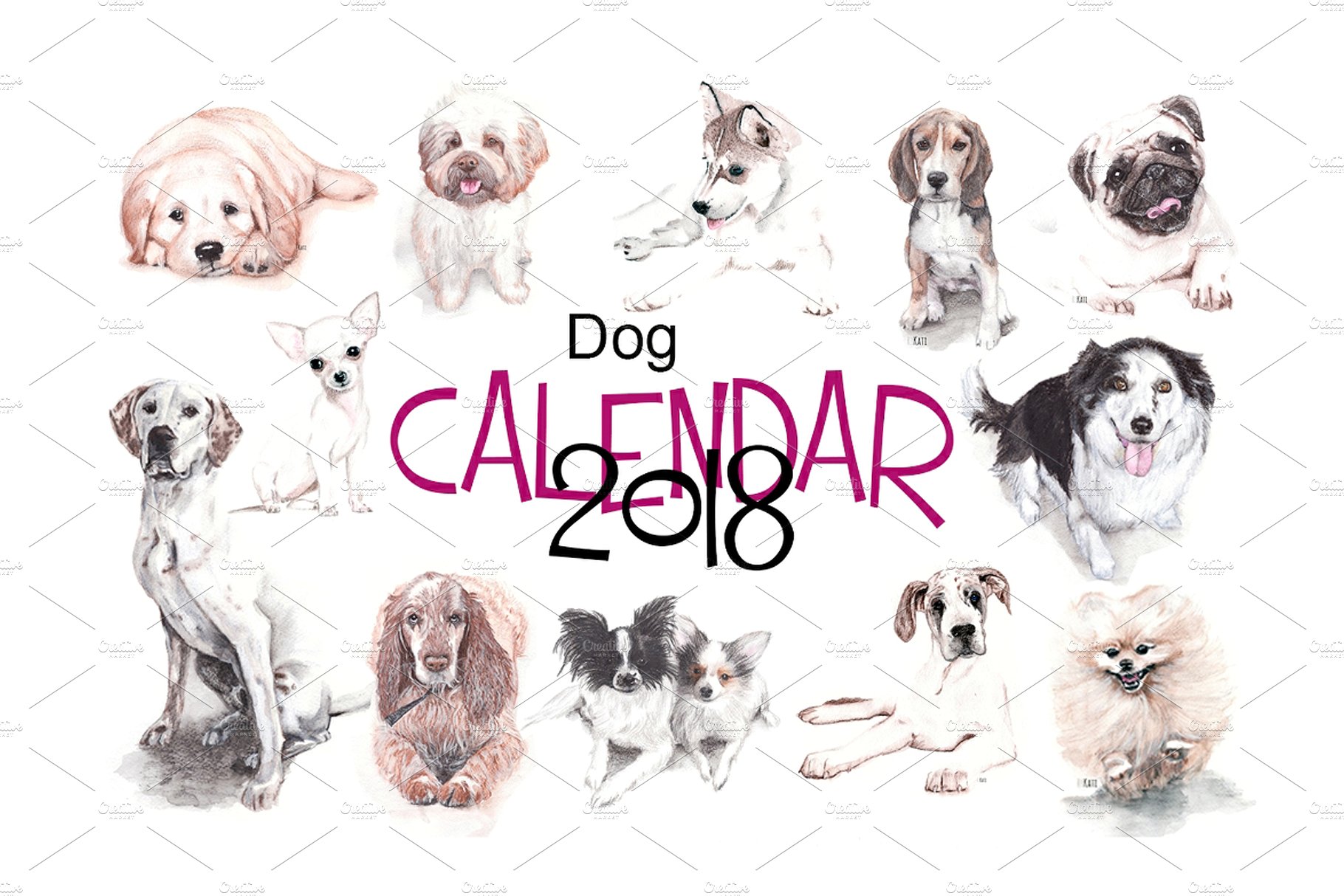 2019可爱的小狗狗元素的台历模板 2019 Cute Puppy Dog Element Desk Template插图