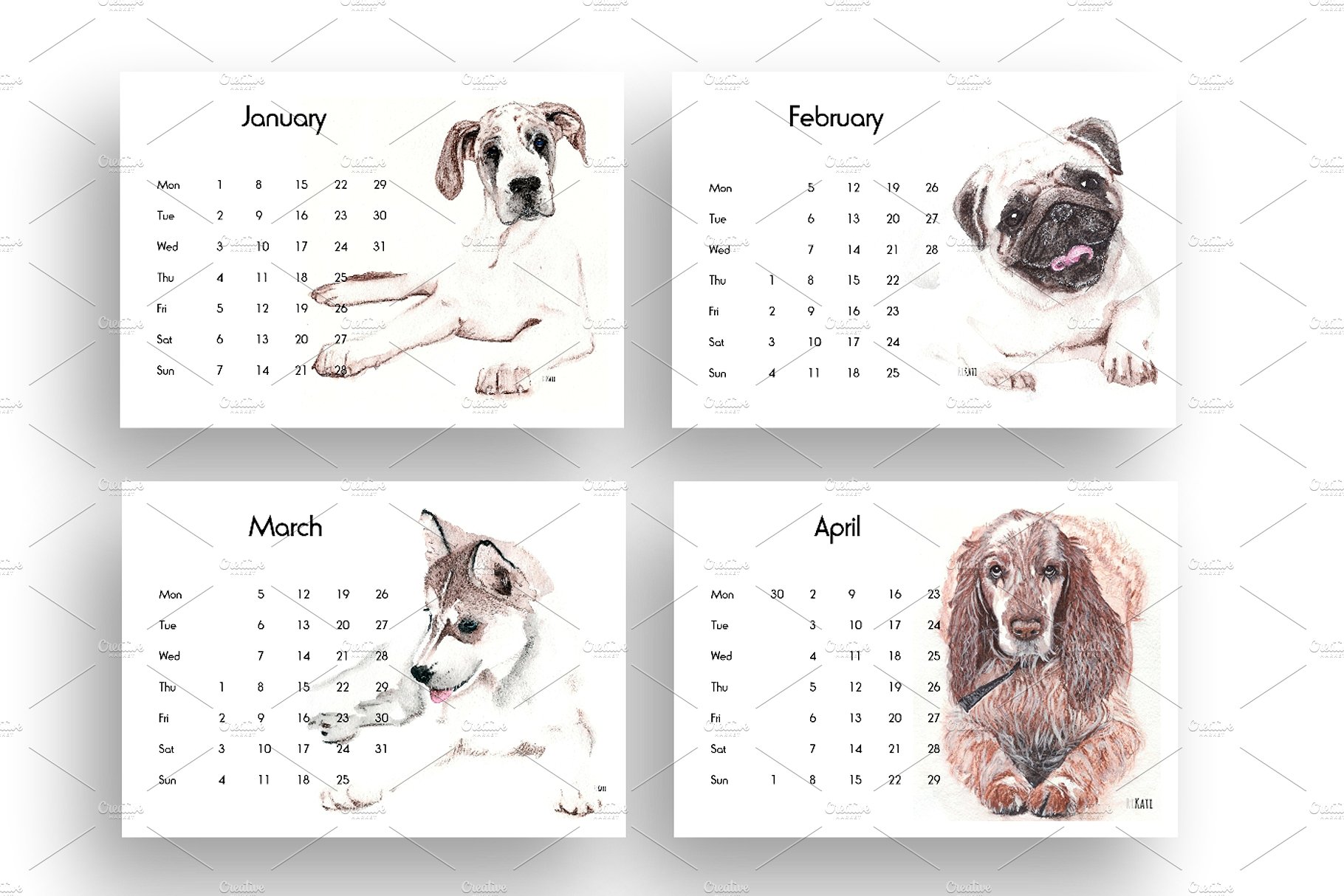2019可爱的小狗狗元素的台历模板 2019 Cute Puppy Dog Element Desk Template插图5