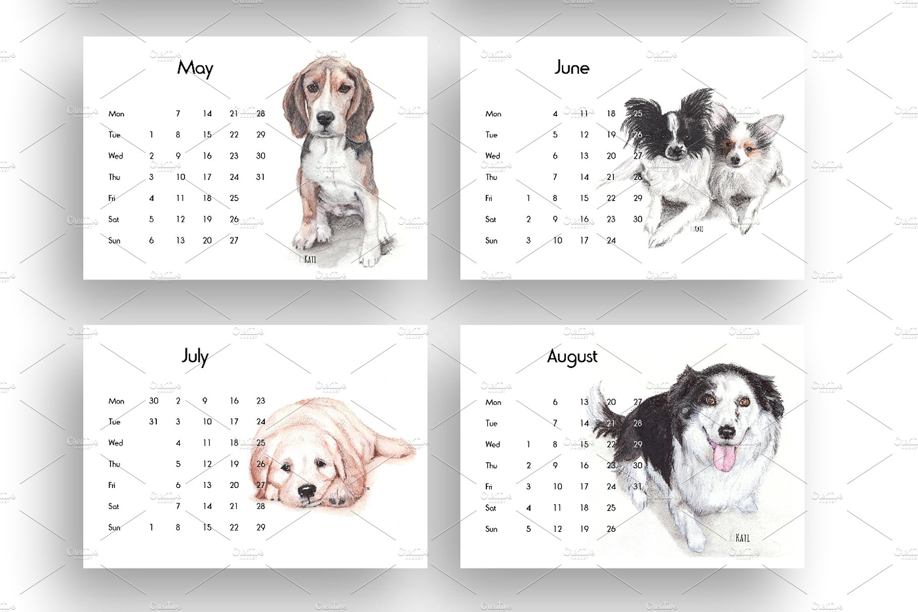 2019可爱的小狗狗元素的台历模板 2019 Cute Puppy Dog Element Desk Template插图4
