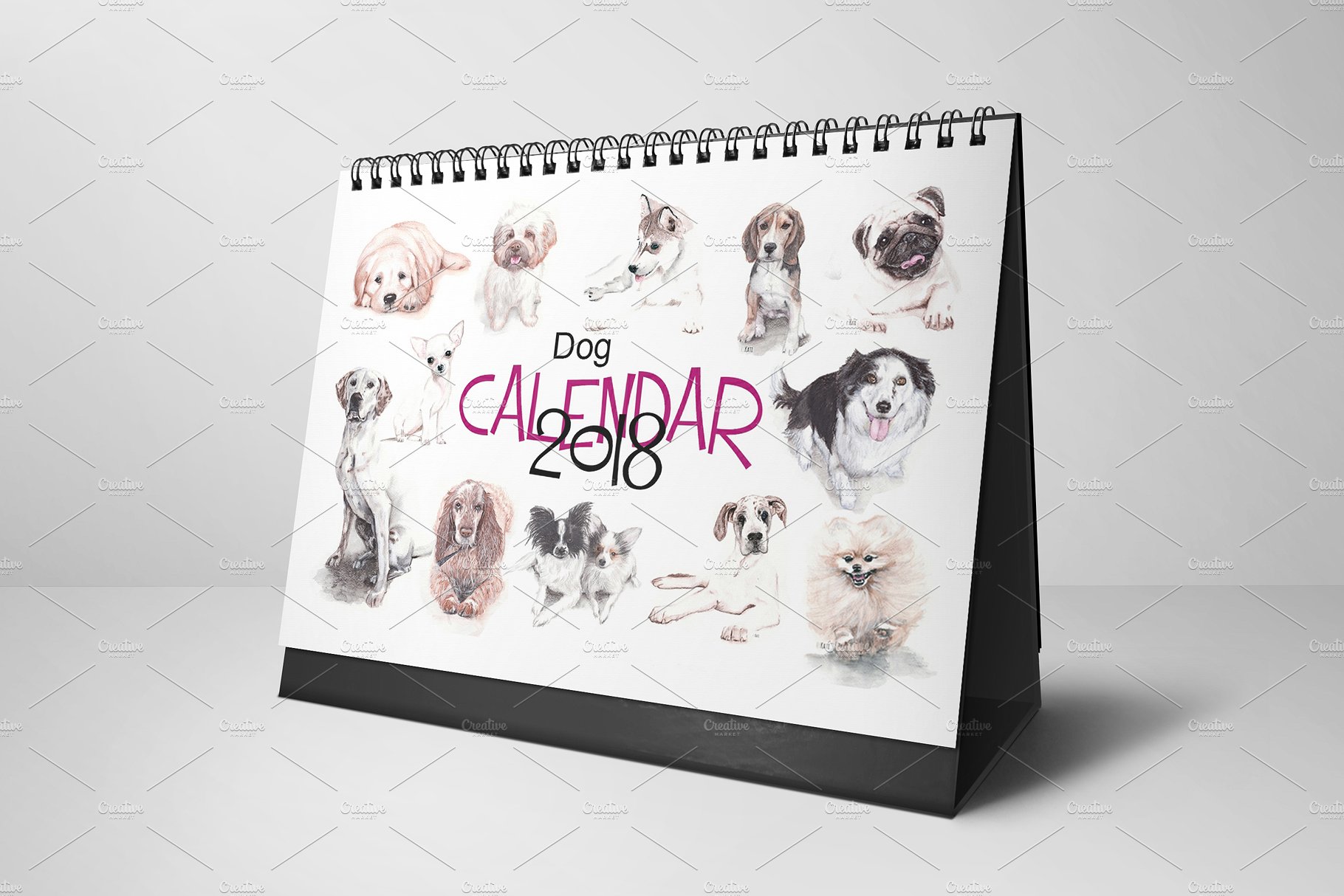 2019可爱的小狗狗元素的台历模板 2019 Cute Puppy Dog Element Desk Template插图2