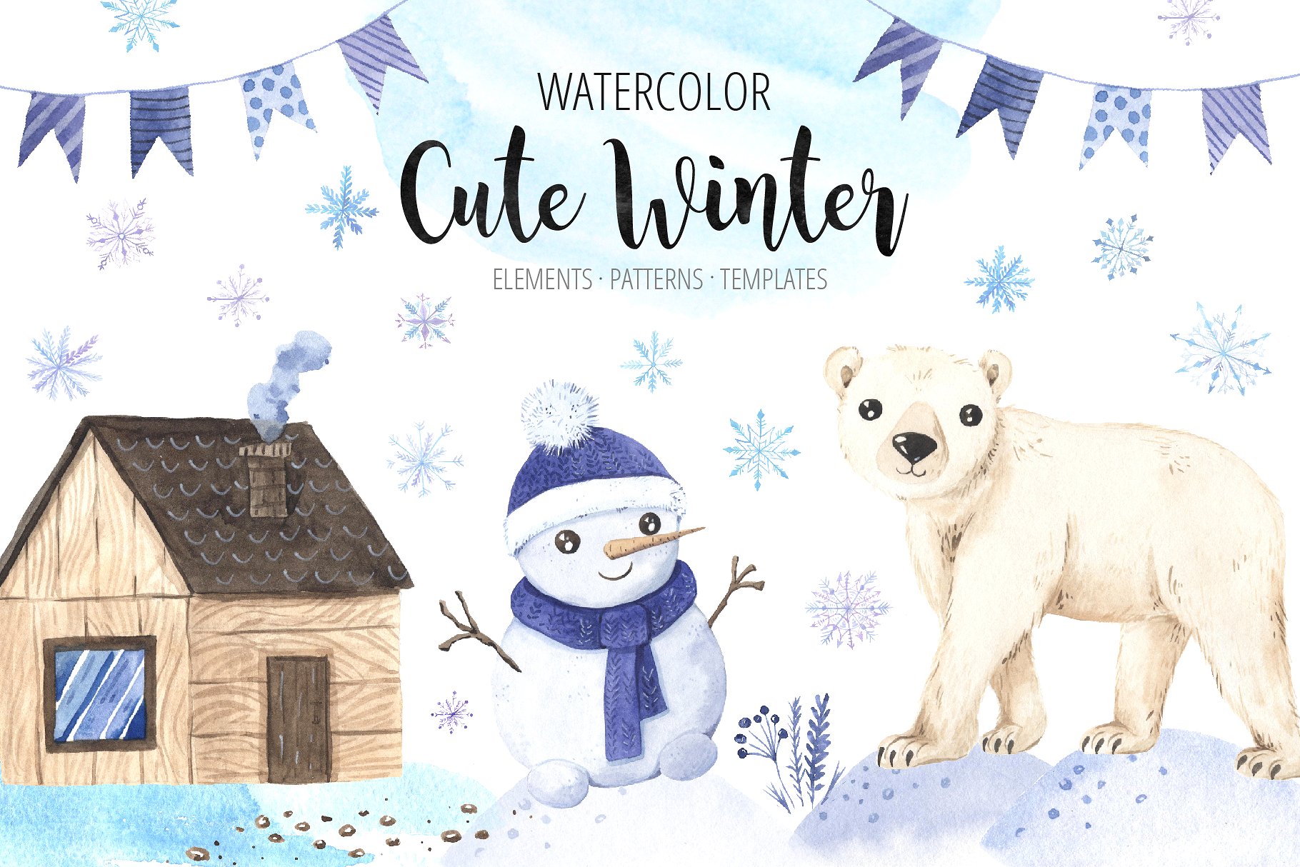 可爱的手绘冬季圣诞装饰动物花卉松树水彩画集 BUNDLE Winter Hygge Watercolor Kit插图17