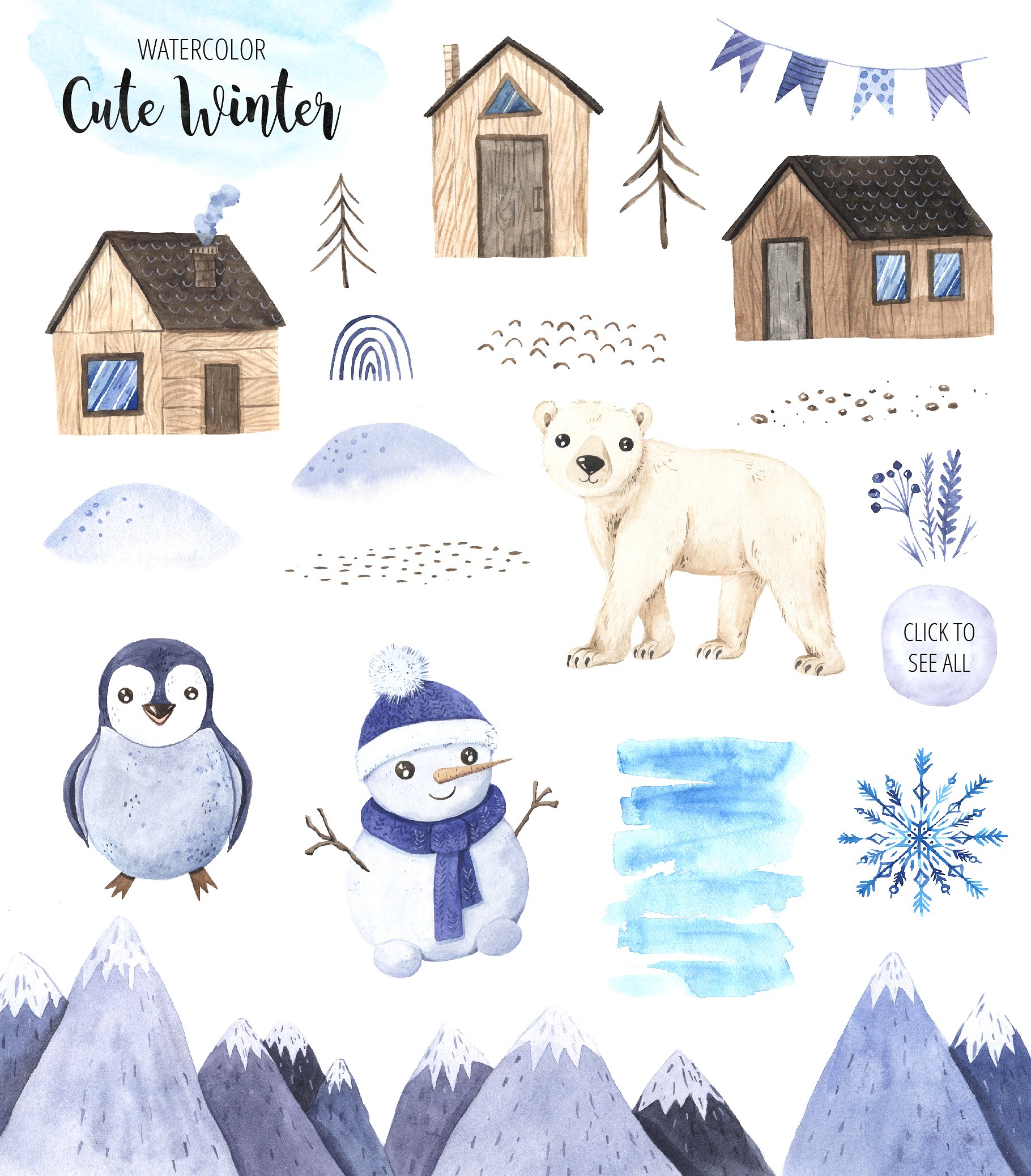 可爱的手绘冬季圣诞装饰动物花卉松树水彩画集 BUNDLE Winter Hygge Watercolor Kit插图16