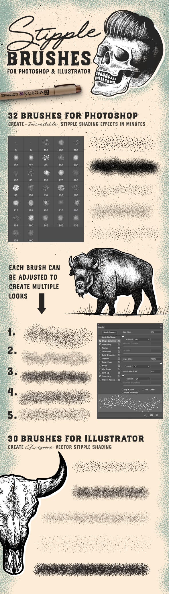 适用于Photoshop和Illustrator的点画笔套装 Stipple Brush Set for Photoshop and Illustrator插图