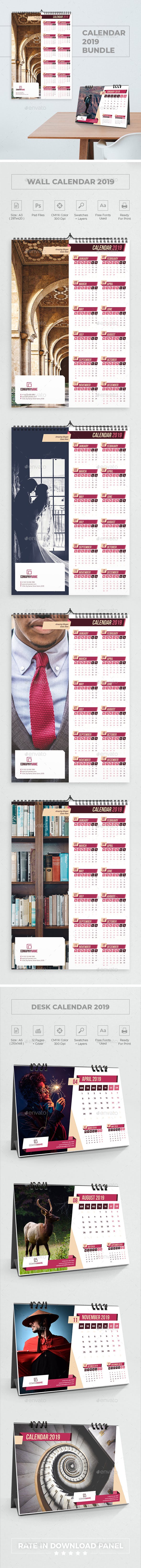 独特和现代几何元素2019日历台历模板 Unique And Modern Geometric Elements 2019 Calendar Desk Calendar Template插图