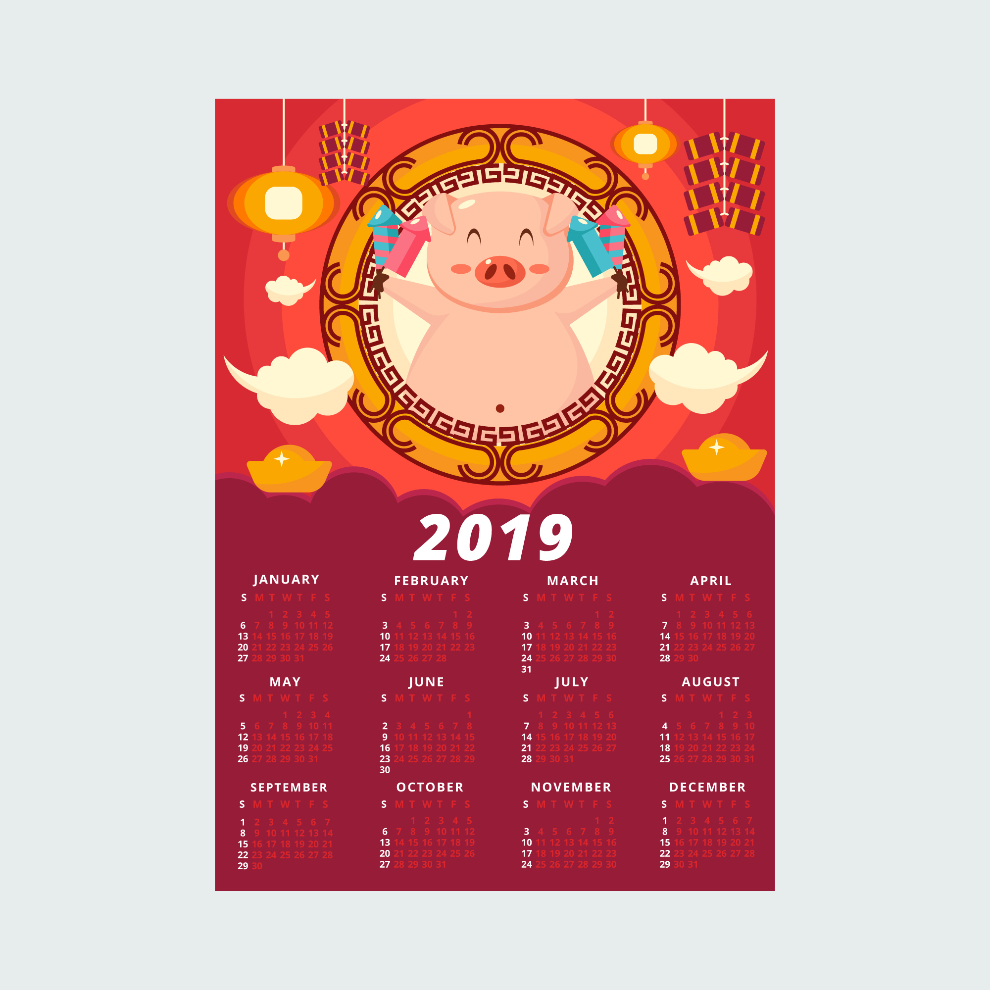 时尚简约的2019新年挂历日历矢量素材模板 Stylish Minimalist 2019 New Year Calendar Calendar Vector Material Template插图4