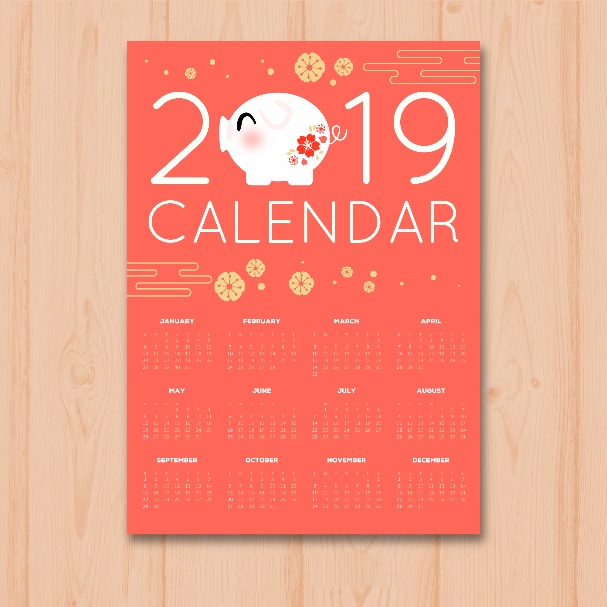 时尚简约的2019新年挂历日历矢量素材模板 Stylish Minimalist 2019 New Year Calendar Calendar Vector Material Template插图7