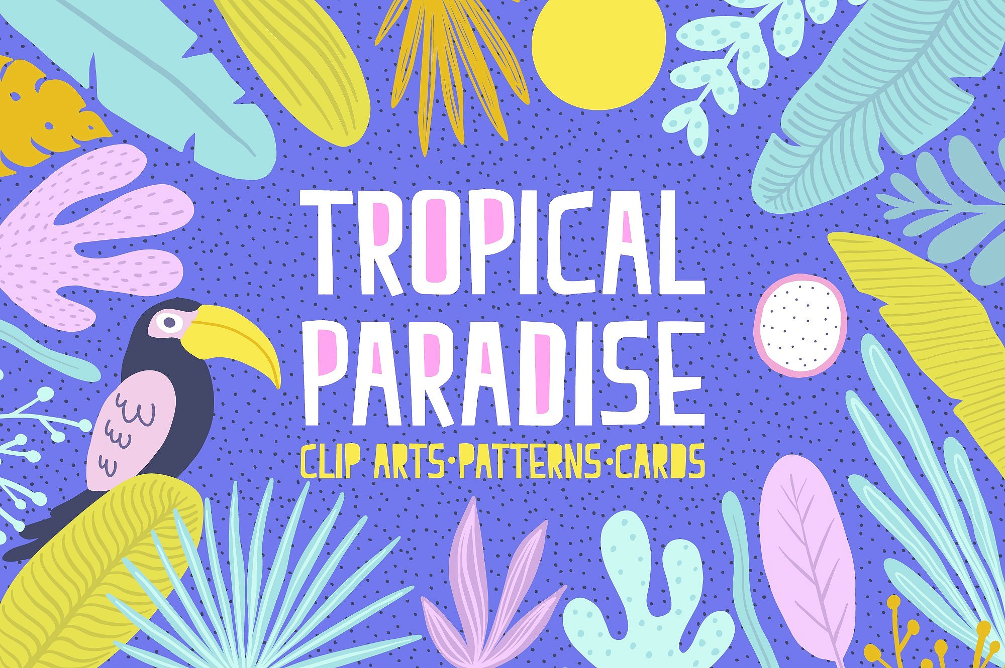 热带天堂夏季矢量动植物图案套装 Tropical Paradise Summer Vector Animal and Plant Pattern Set插图