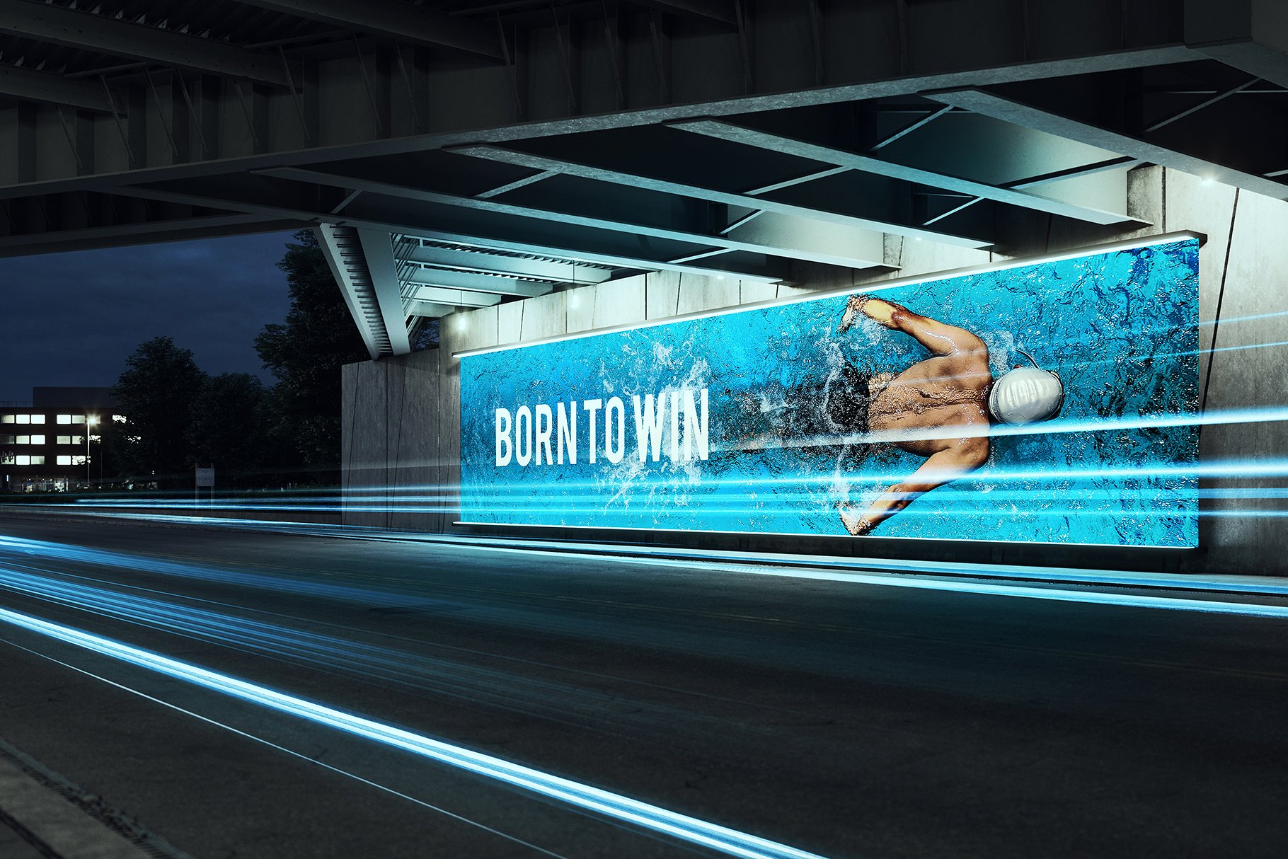 城市公路桥下发光的户外灯箱广告样机 Outdoor Light Box Advertising Prototype Under The City Highway Bridge插图
