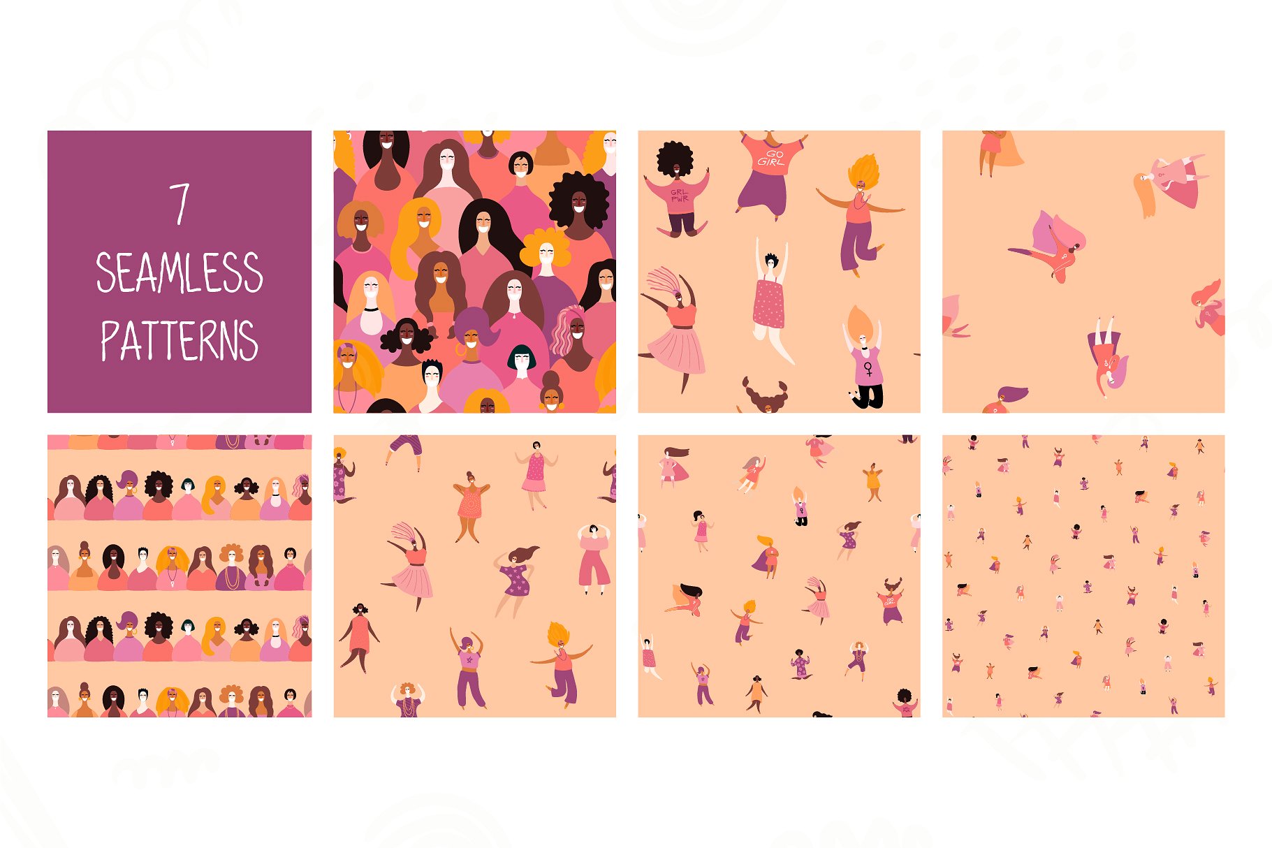 丰富多彩的国际妇女节女生图案矢量集合 Colorful International Women’s Day Girls Patterns Vector Collection插图6