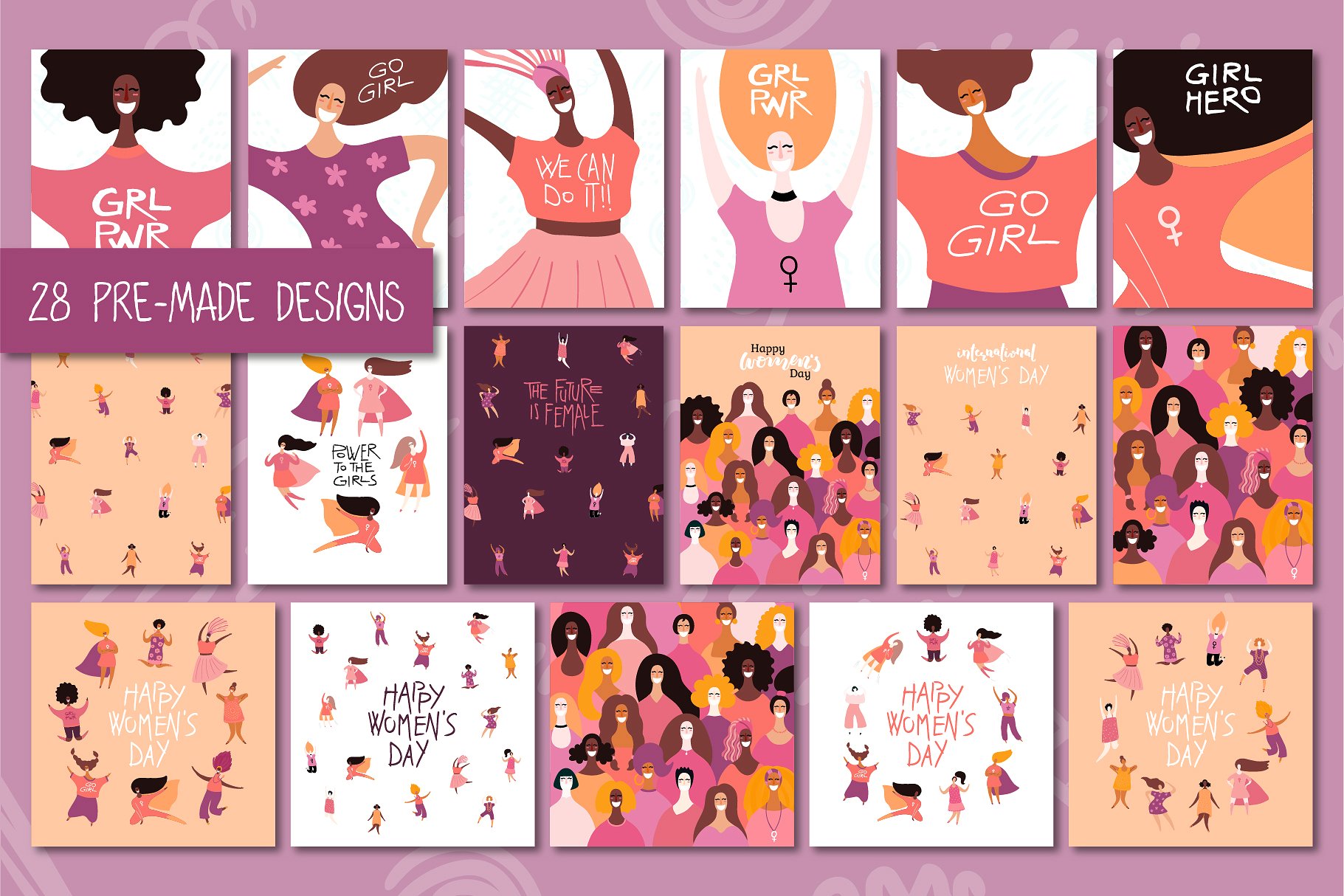 丰富多彩的国际妇女节女生图案矢量集合 Colorful International Women’s Day Girls Patterns Vector Collection插图10