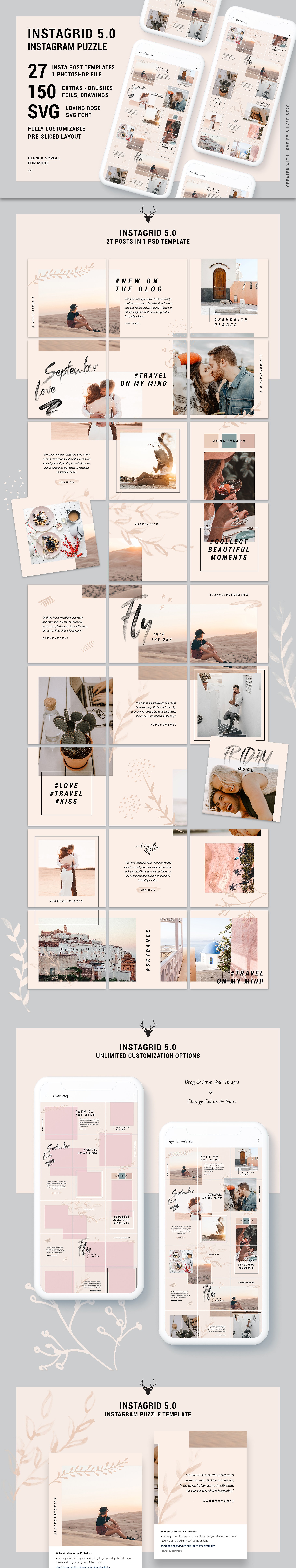 现代时尚的婚礼摄影照片展示Instagram模板水彩笔刷字体 InstaGrid 5.0 – Instagram Puzzle插图