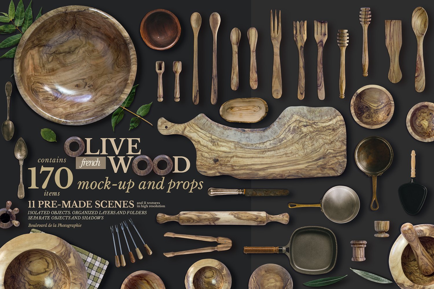 5.98G 餐饮品牌设计提案橄榄木木质餐具展示样机 Olive Wood Mock-Up Scene Generator插图