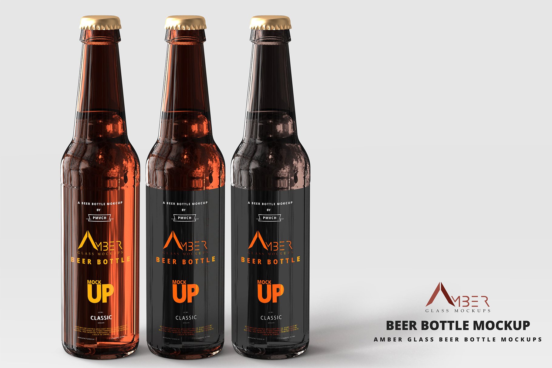 啤酒LOGO标签设计提案展示样机PSD智能贴图模板 Amber Glass Beer Bottle Mockup插图1