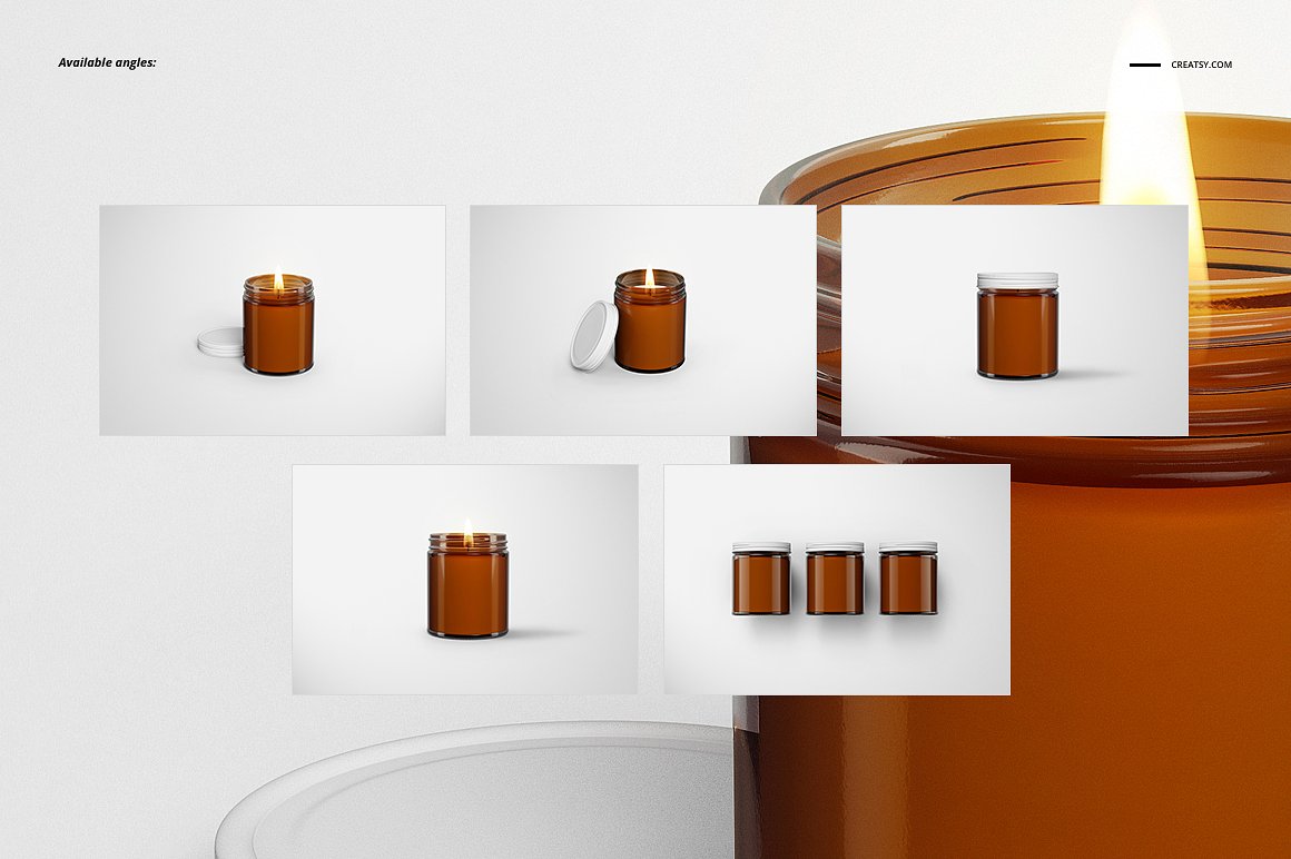 棕色琥珀罐玻璃杯蜡烛香薰包装设计展示样机套装 Amber Jar Candle Mockup Set插图2