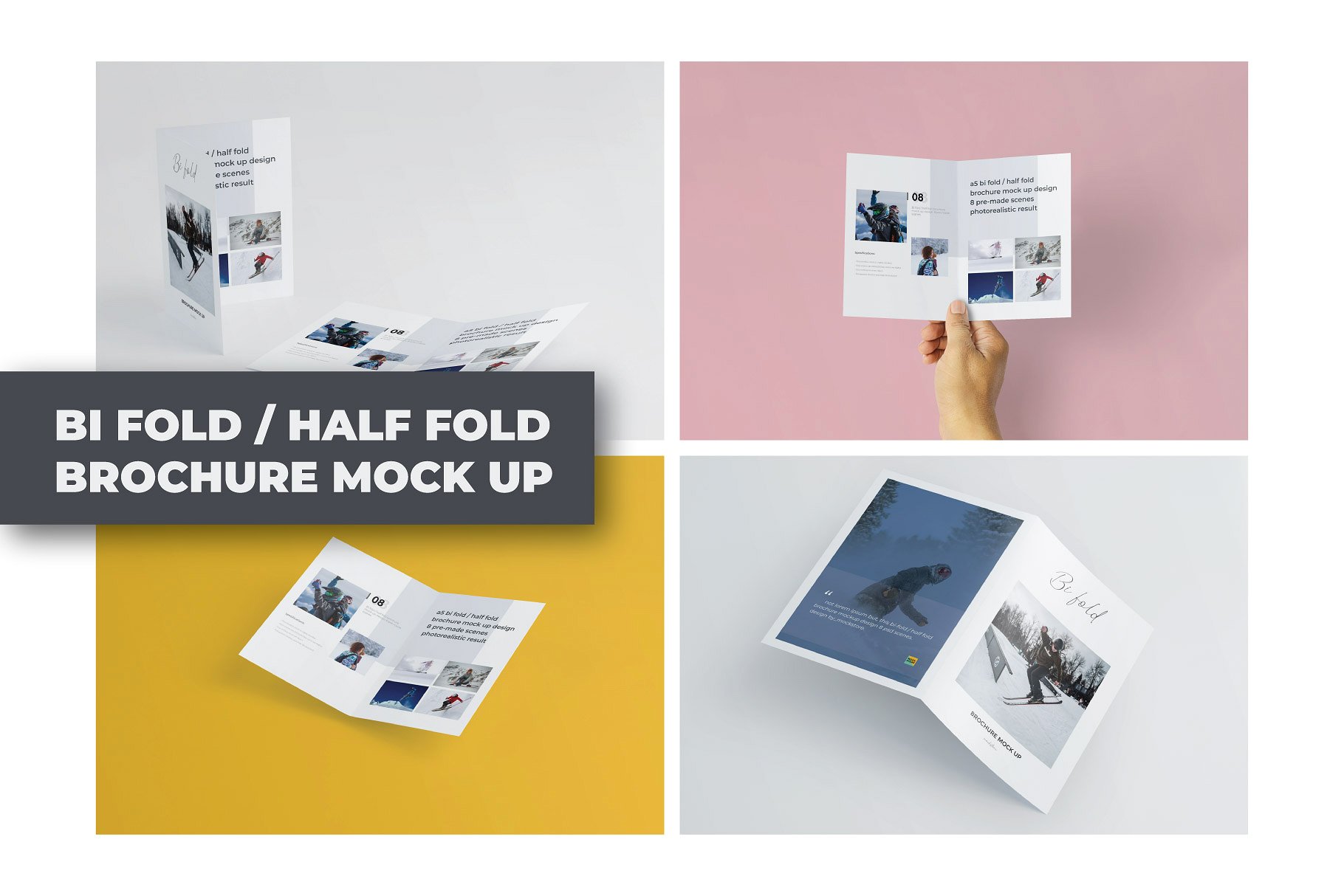 精装画册杂志设计提案展示样机PSD智能贴图模板 A5 Bifold Half-Fold Brochure Mockup插图