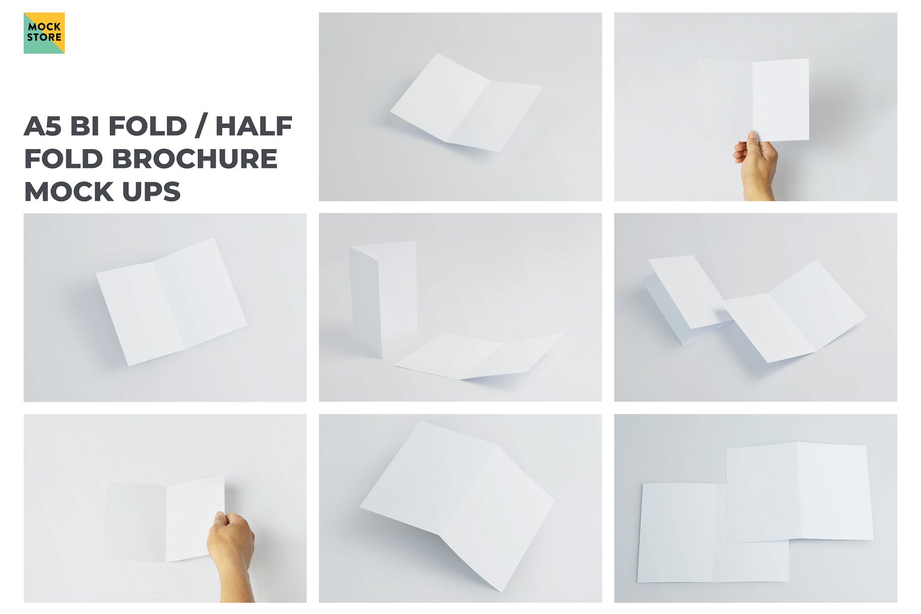 精装画册杂志设计提案展示样机PSD智能贴图模板 A5 Bifold Half-Fold Brochure Mockup插图8