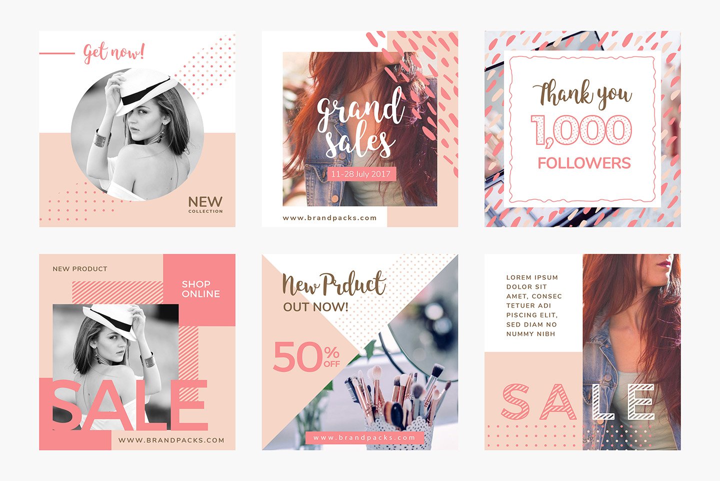 粉色系女性化妆品服装电商营销海报Instagram模板 Social Media Templates Pack Vol.5插图1